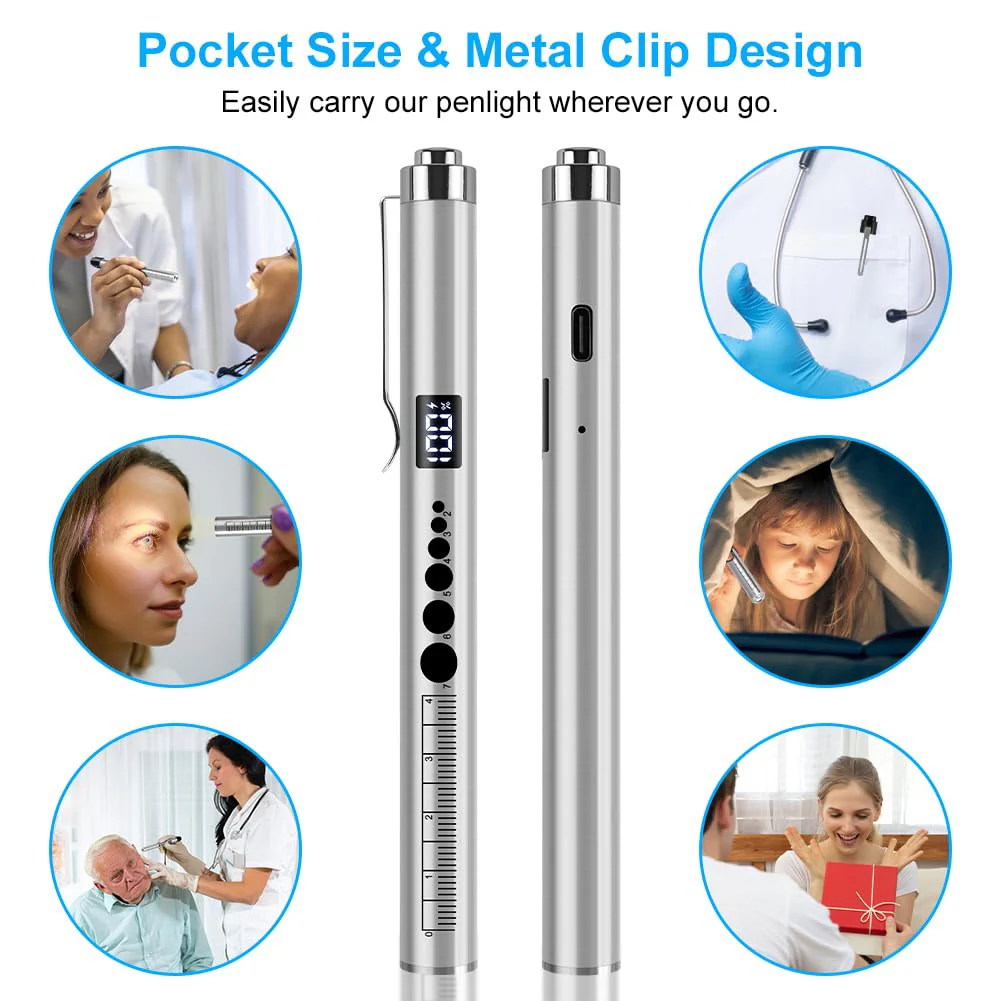 Flintronic Upil Light Medicine, 1 Piece Diagnostic Light with Digital Display, Pupil Meter and Ruler, Rechargeable USB LED Pen Lamp for Nurses, Students, Doctors (Silver) Type-c silver 1pc - Image 7