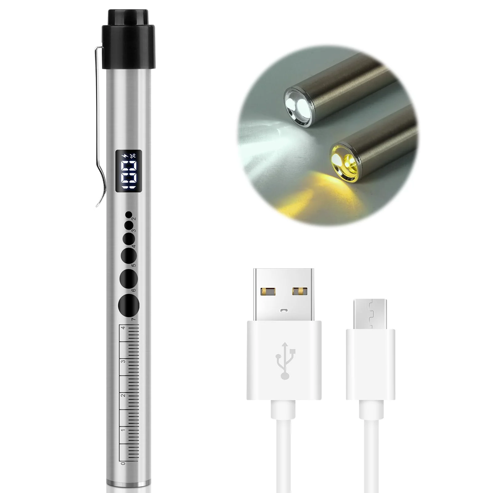 Flintronic Upil Light Medicine, 1 Piece Diagnostic Light with Digital Display, Pupil Meter and Ruler, Rechargeable USB LED Pen Lamp for Nurses, Students, Doctors (Silver) Type-c silver 1pc - Image 9
