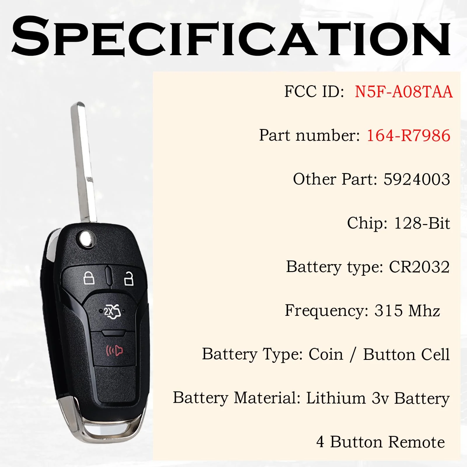 Flip Key Fob Replacement Fits for Ford Fusion 2013 2014 2015 2016 Keyless Entry Remote Control N5F-A08TAA 164-R7986 5924003 315Mhz 4 Button BTN - Image 3
