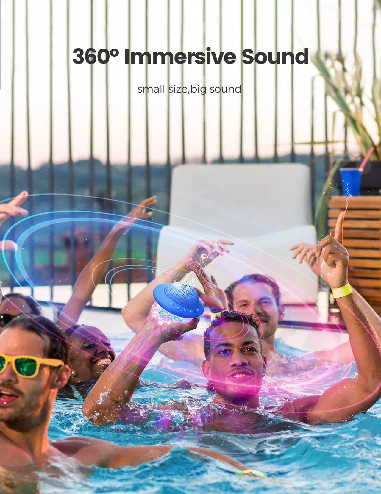 Floating Pool Speakers with Colorful LED Lights, IPX7 Waterproof Hot Tub Bluetooth Speaker, 10W Stereo Loud Sound, Built-in Mic, Portable Wireless Speakers for Shower Bathtub Beach Outdoor Swim-Blue Blue - Image 2