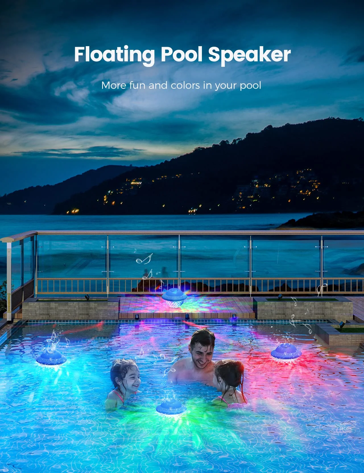 Floating Pool Speakers with Colorful LED Lights, IPX7 Waterproof Hot Tub Bluetooth Speaker, 10W Stereo Loud Sound, Built-in Mic, Portable Wireless Speakers for Shower Bathtub Beach Outdoor Swim-Blue Blue - Image 3