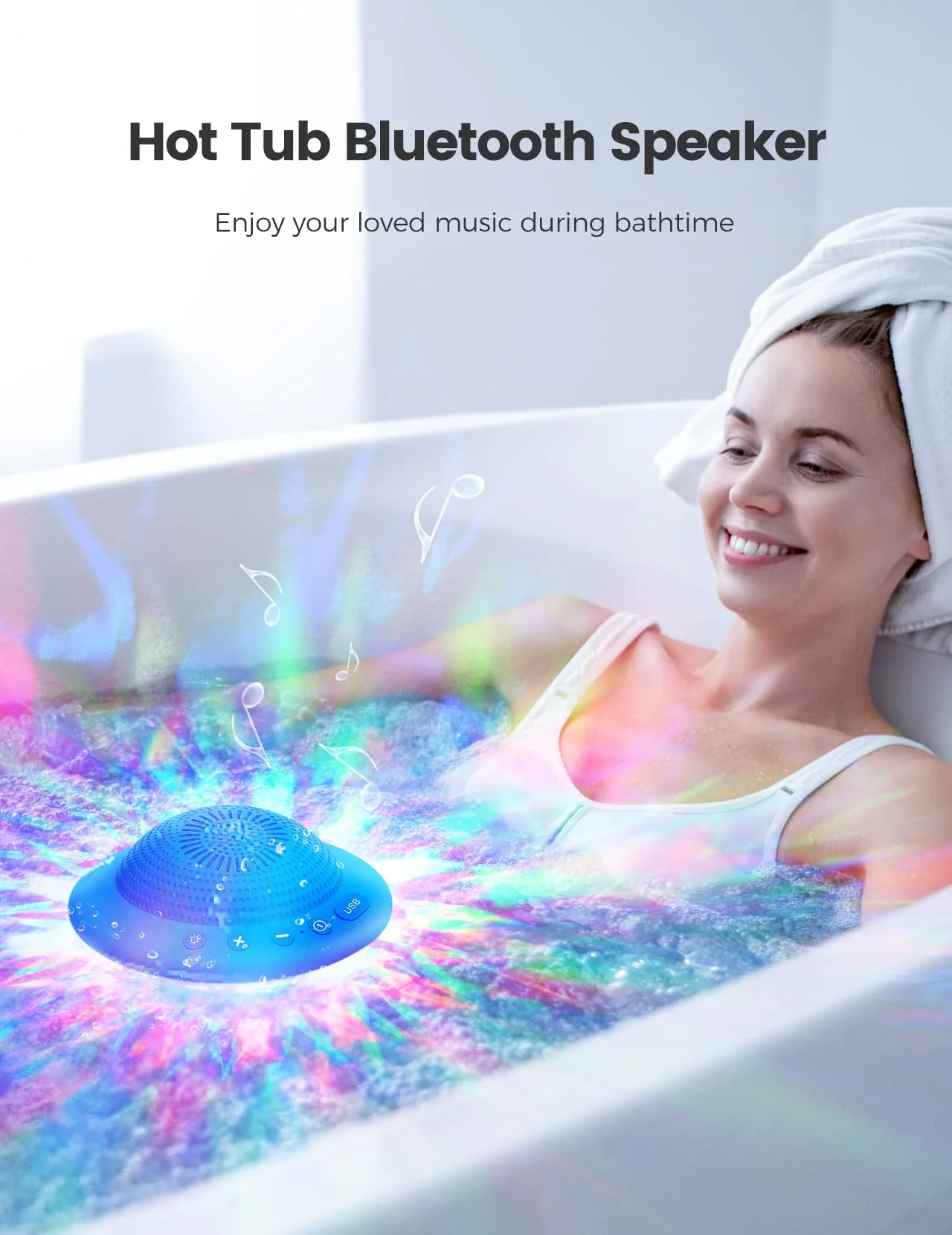 Floating Pool Speakers with Colorful LED Lights, IPX7 Waterproof Hot Tub Bluetooth Speaker, 10W Stereo Loud Sound, Built-in Mic, Portable Wireless Speakers for Shower Bathtub Beach Outdoor Swim-Blue Blue - Image 6