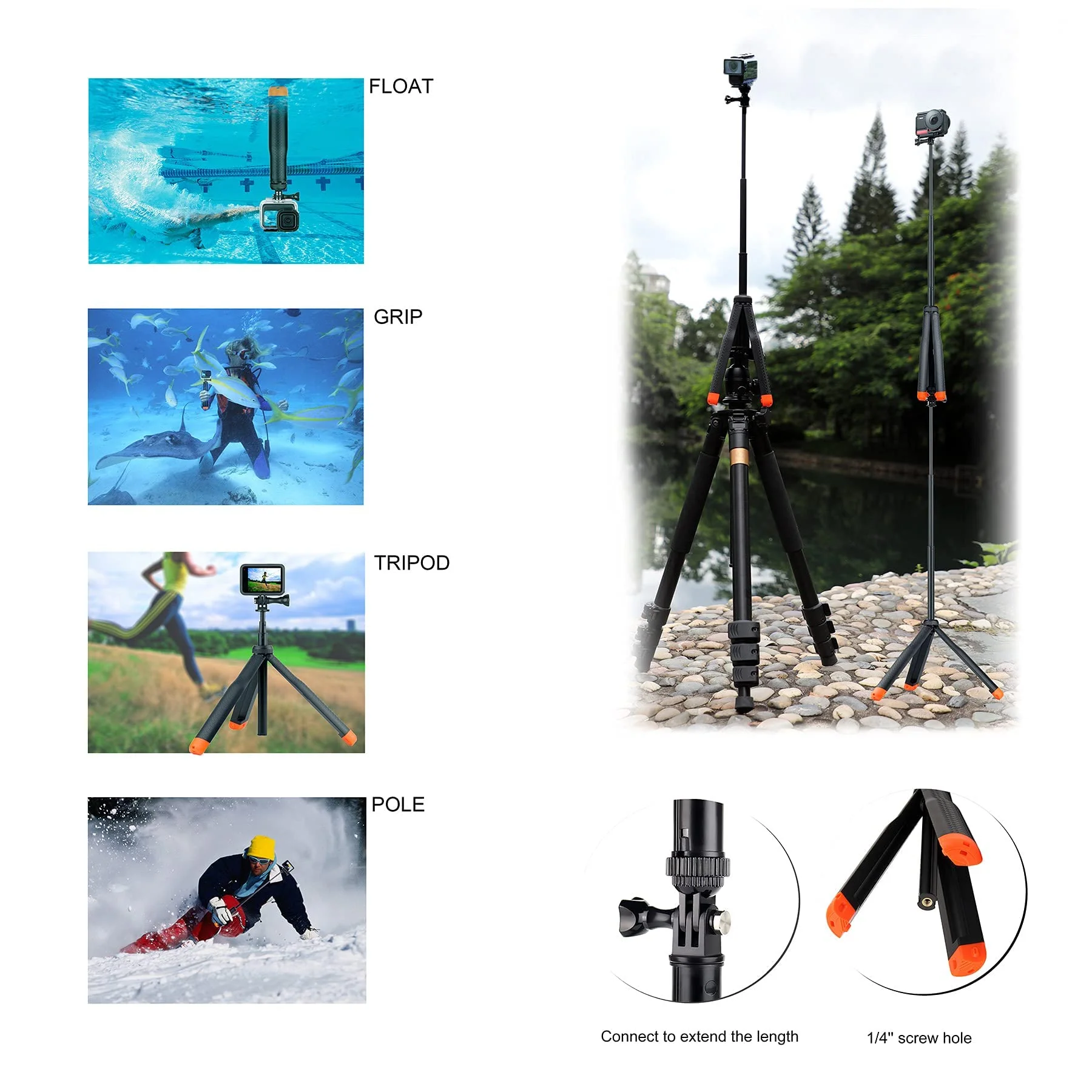 Floating Selfie Stick for GoPro Hero 13 12 11 10 9 8 7 6 5 4 3 Mini Max Fusion Session, SJCAM, AKASO Action Camera, 4 in 1 Underwater Waterproof Pole Monopod Hand Grip Tripod Stand - Image 3