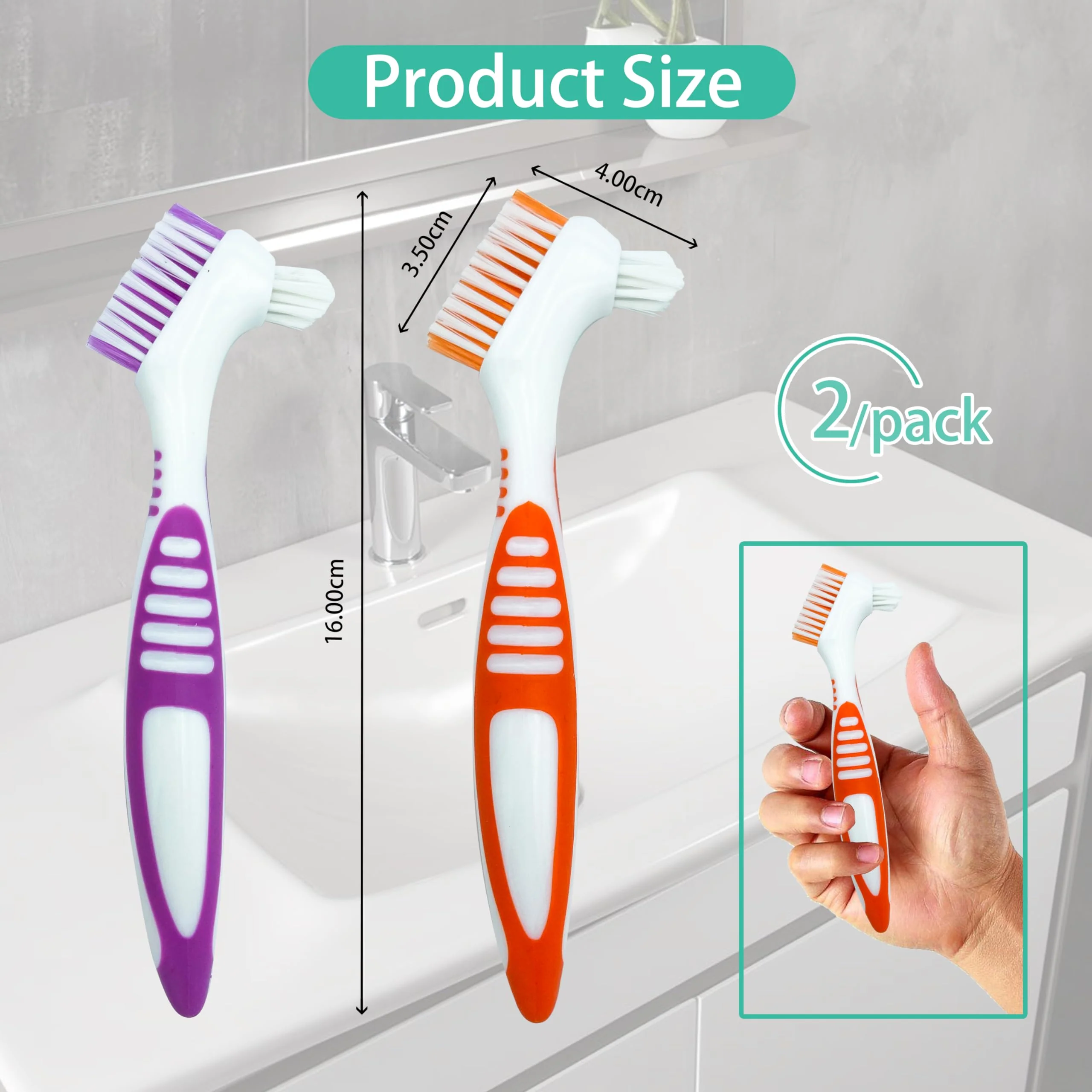 FloraVigo 2 Pack Denture Toothbrush, Mini Toothbrush, Double Angle Brush Head, Portable Ergonomic Denture Cleaning Brush, Dental Device (Green + Orange) Green + Orange - Image 2