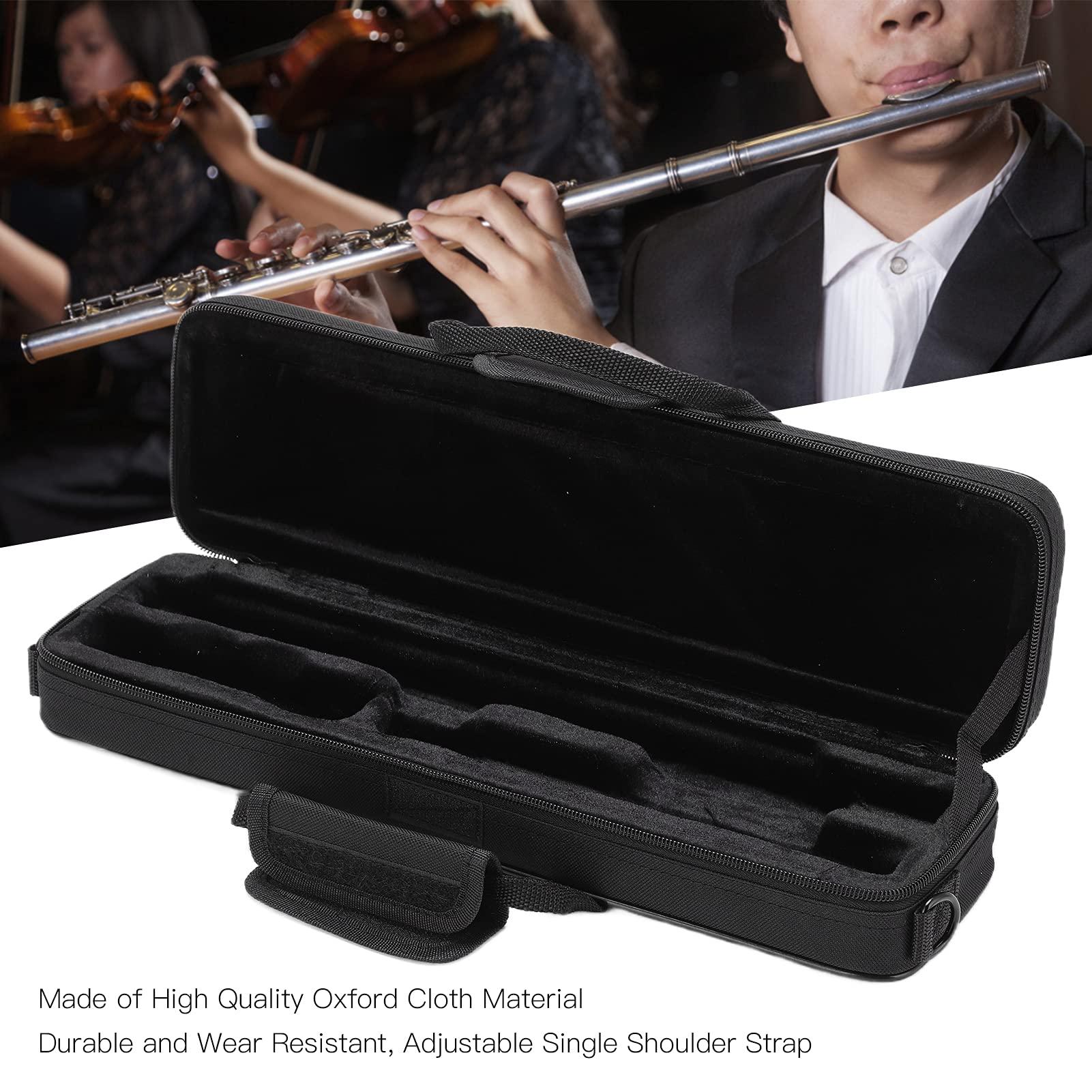 Flute Case, Black Oxford Cloth 16 Holes Flute Cover, Double Zipper Design Universal Cloth Box Waterproof Flute Storage Bag, 39.5 X 12 X 7cm - Image 2
