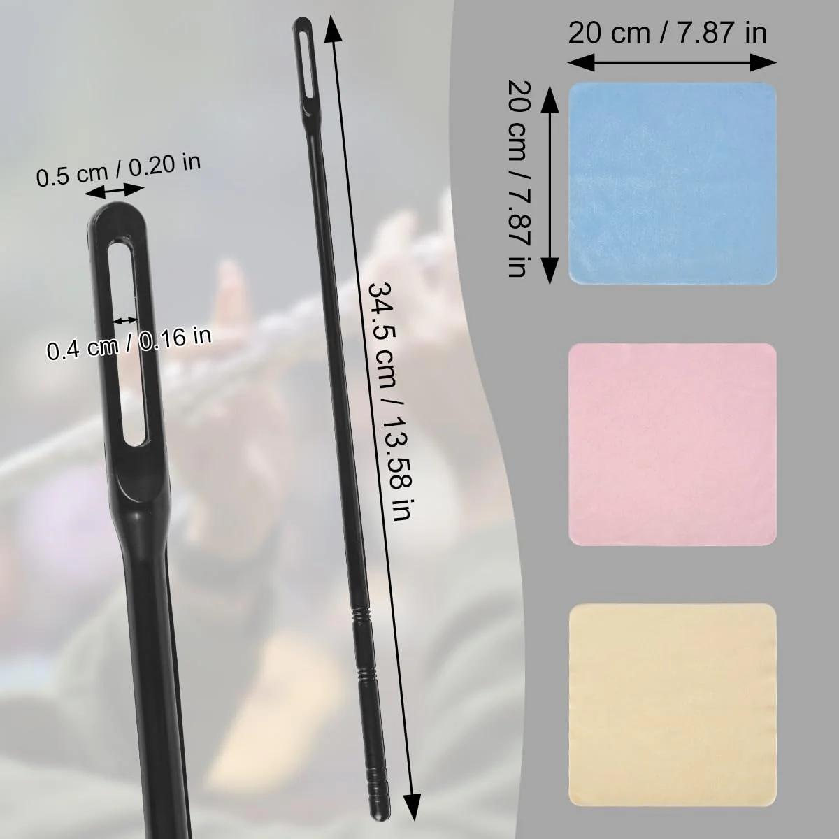 Flute Cleaning Kit 2 Flute Cleaning Rods with 6 Pack 20x20cm Large Flute Cleaning Cloth Musical Instruments Polishing and Cleaning Accessories - Pink, Yellow, Blue Multi Color - Image 2