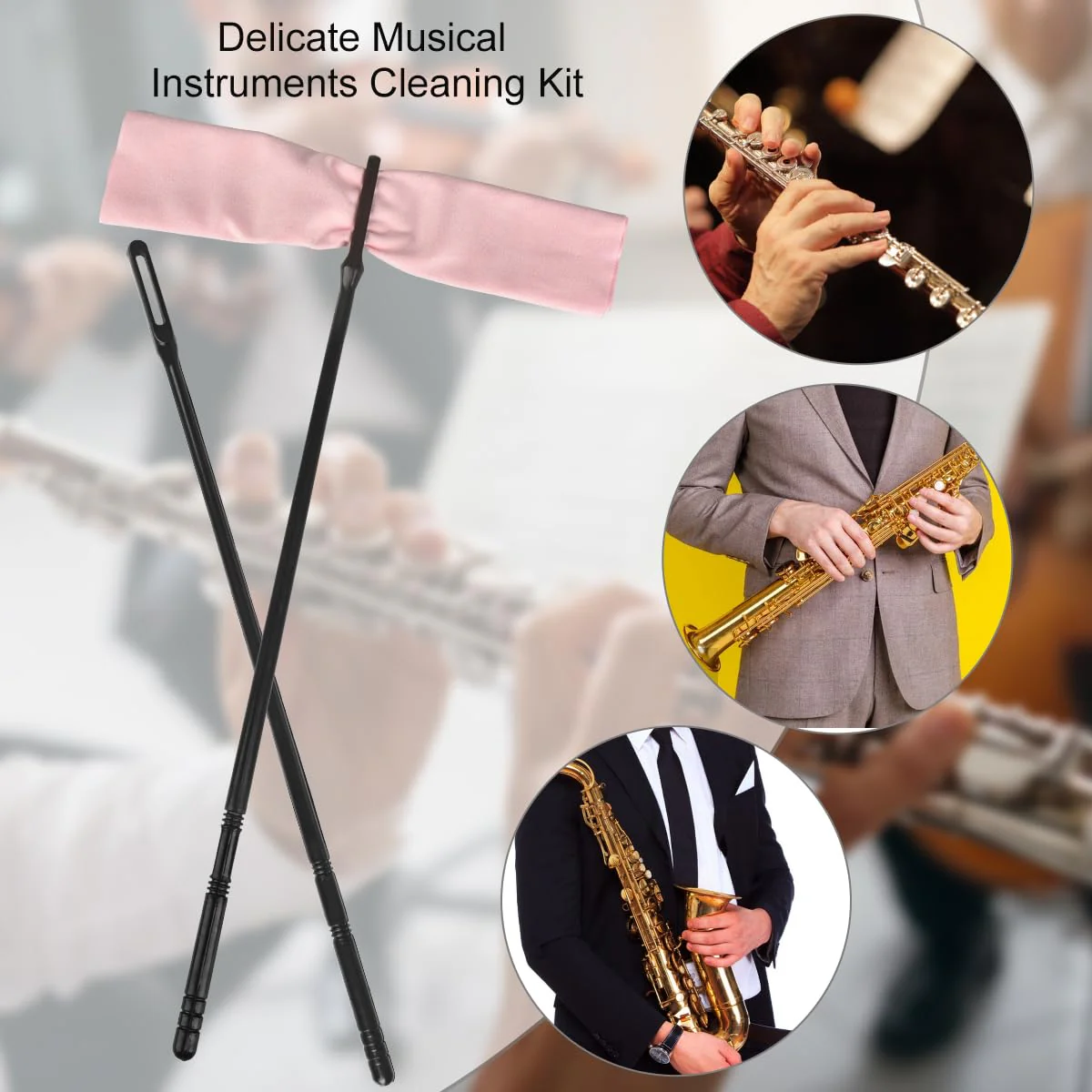 Flute Cleaning Kit 2 Flute Cleaning Rods with 6 Pack 20x20cm Large Flute Cleaning Cloth Musical Instruments Polishing and Cleaning Accessories - Pink, Yellow, Blue Multi Color - Image 3