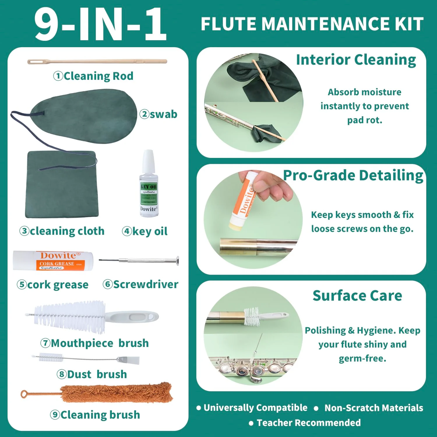 Flute Cleaning Kit 9-in-1 with Key Oil and Microfiber Swab, Professional Woodwind Care Set for Flute and Piccolo Maintenance, Includes Cleaning Rod, Mouthpiece Brush and Screwdriver, 6.4oz - Image 2