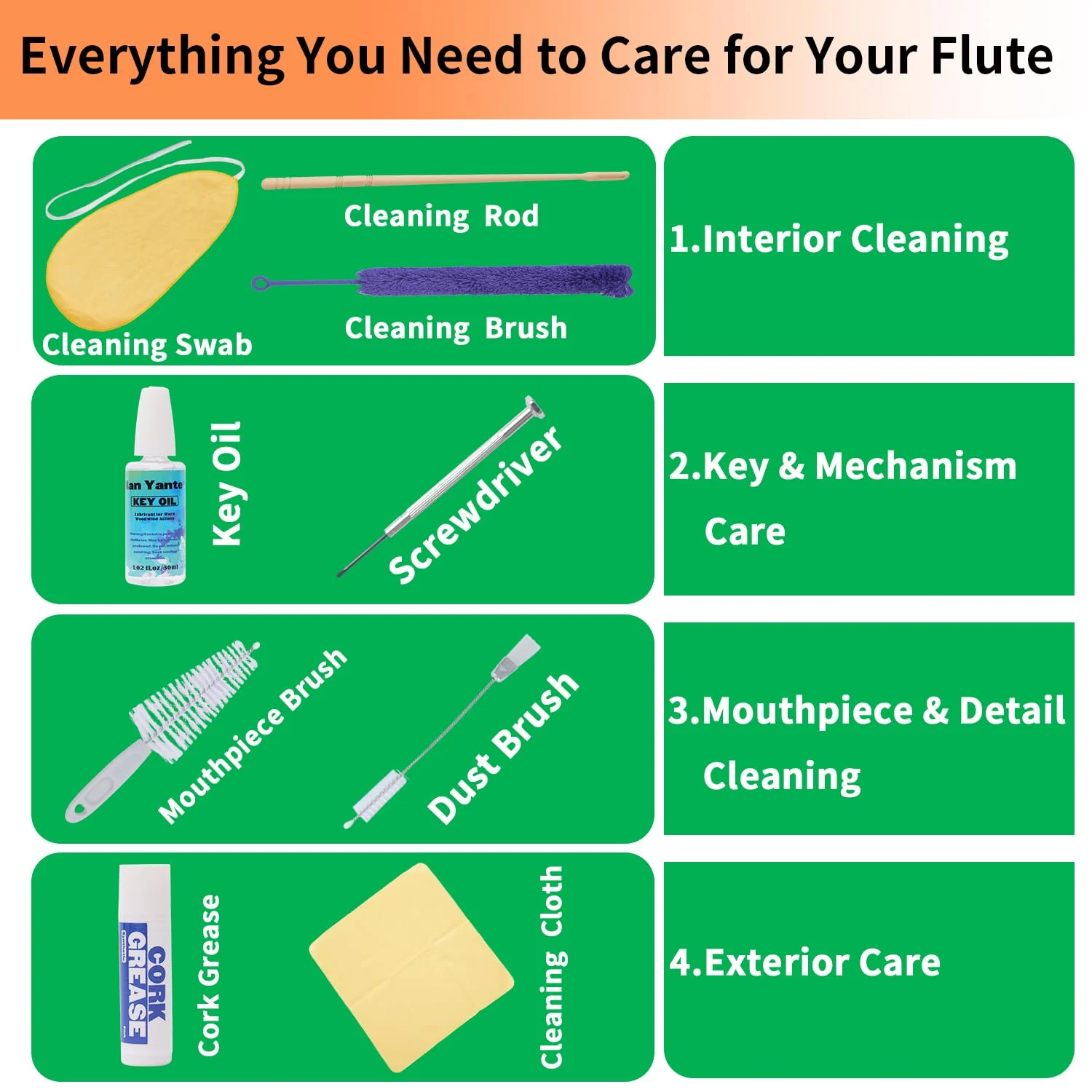 Flute Cleaning Kit, 9-in-1 Woodwind Maintenance Care Set with Microfiber Swab, Key Oil, Cork Grease, Rod & Screwdriver, Professional Accessories Compatible with Standard Flutes and Piccolos - Image 2