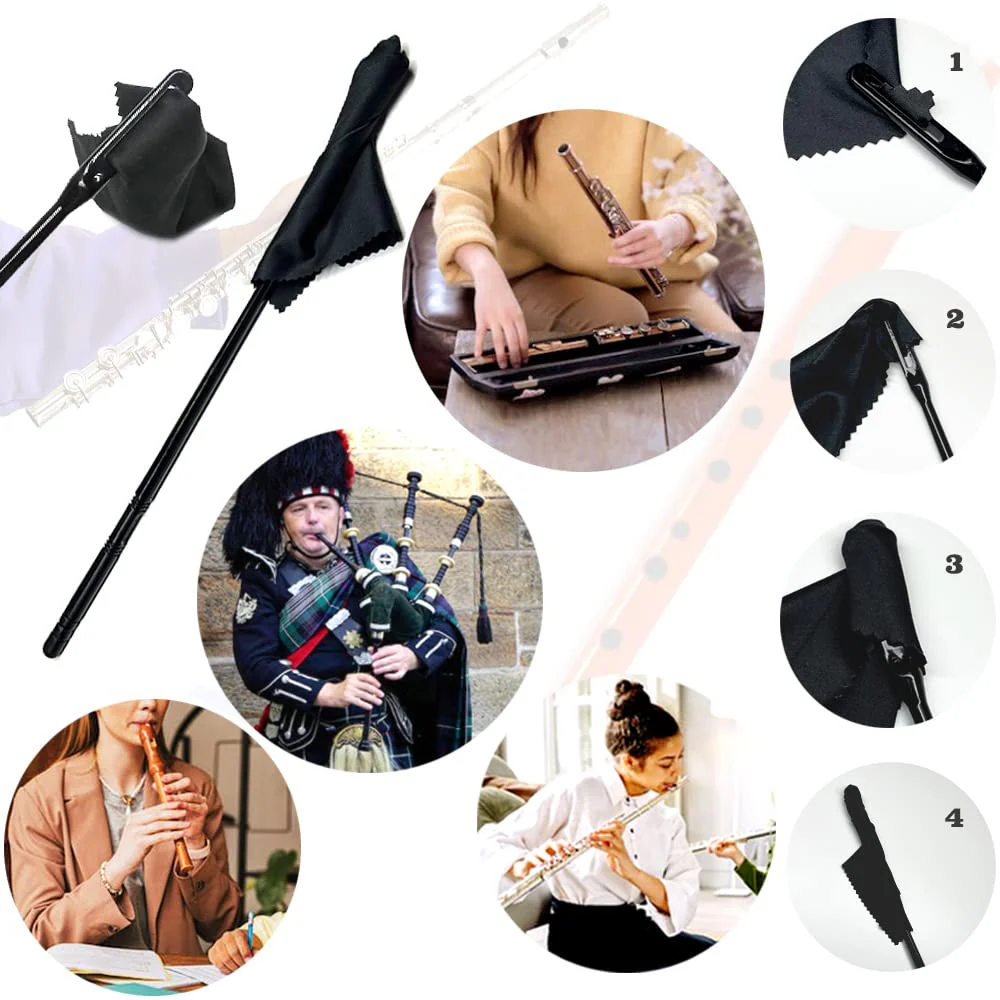 Flute Cleaning Kit Flute Cleaning Rod with 4pcs Flute Cleaning Cloth Flute Cleaning Swabs Flute Polishing Cloth Flute Stick Flute Cleaner Flute Cleaning Tools for Flute maintenance tools, black - Image 6