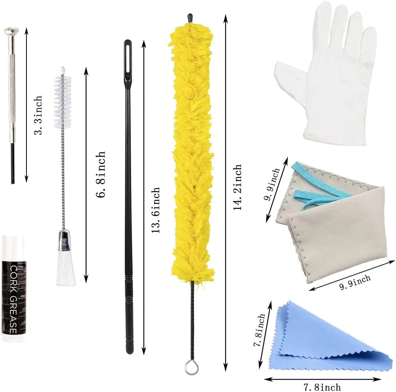 Flute Cleaning Kit Include 1pc Cotton Cleaning Brush, Flute Swab, Double-End Dust Brush,Flute Cleaning Rod, Screwdriver for Flute Repairing,Cork Grease, a Pair Cotton Gloves, 2pcs Flute Cleaning Cloth yellow - Image 7