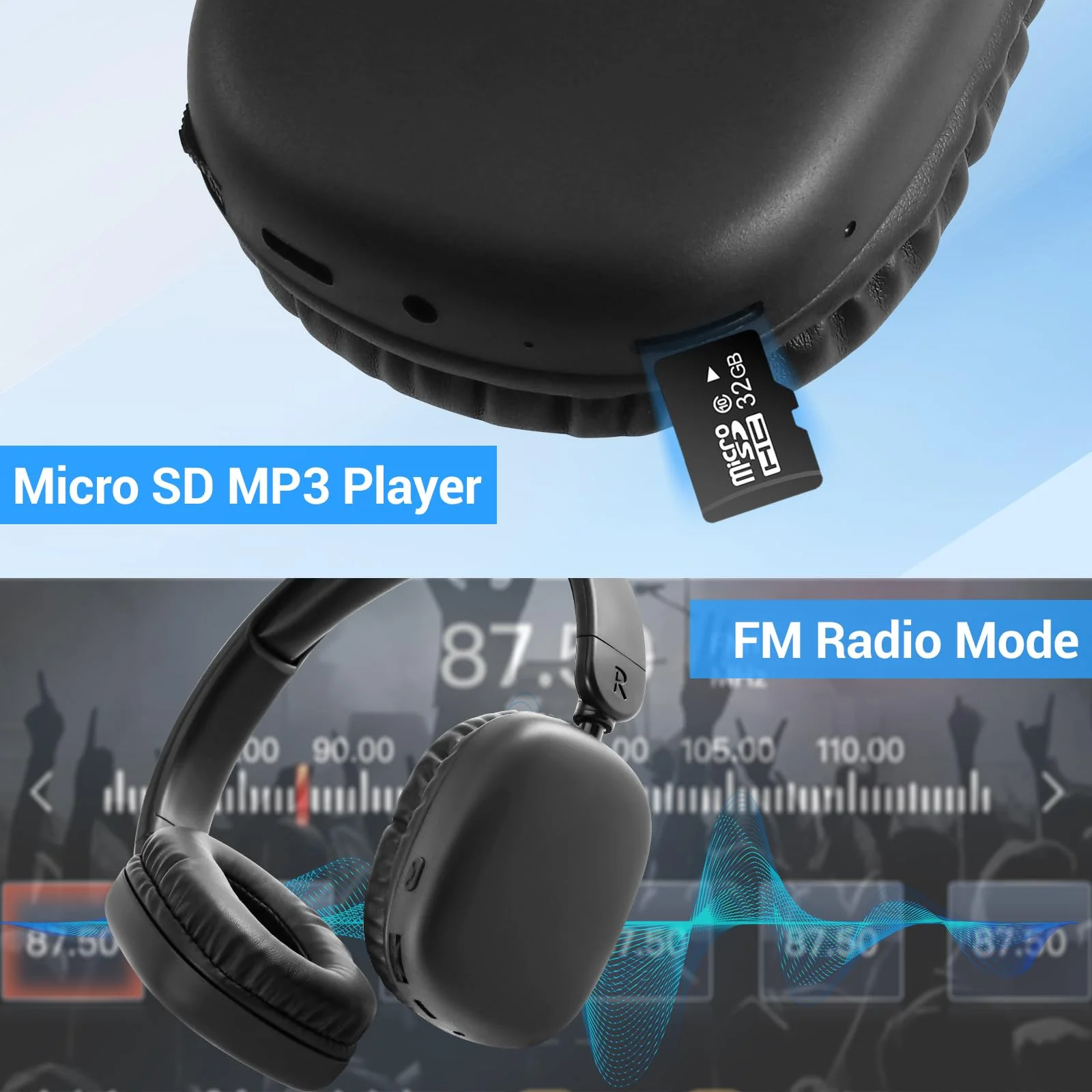 FM Radio MP3 Player Headphones Micro SD Card,Wireless and Wired Lightweight Headphone with Deep Bass and Built in Microphone Over The Ear Unequaled Comfort,for Travel,Home,Birthday Gift - Image 6