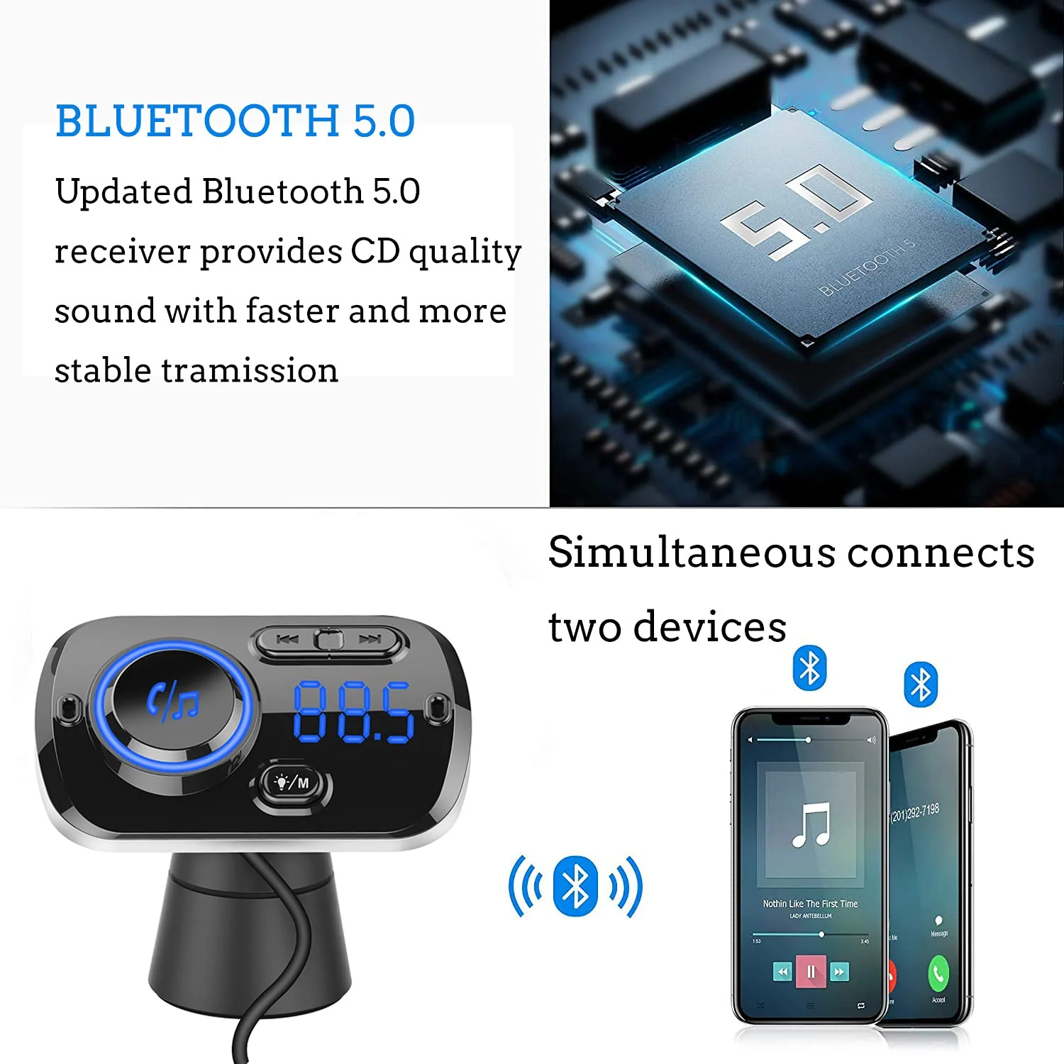 FM Transmitter Bluetooth 5.0 Hands-Free Car Kit with Quick Charge QC 3.0 Car Radio Adapter with Microphone CVC Noise Reduction - Image 3