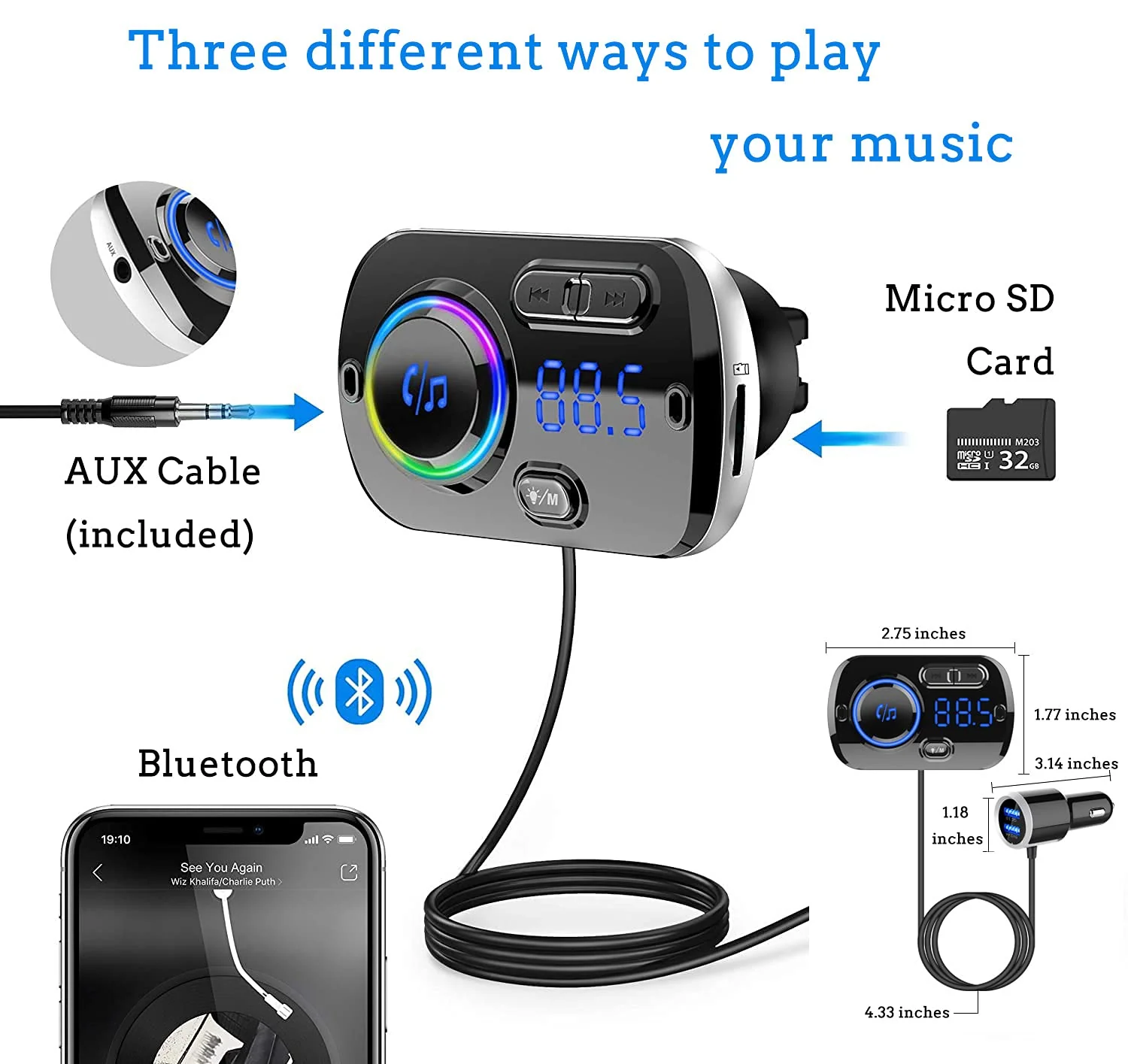 FM Transmitter Bluetooth 5.0 Hands-Free Car Kit with Quick Charge QC 3.0 Car Radio Adapter with Microphone CVC Noise Reduction - Image 7