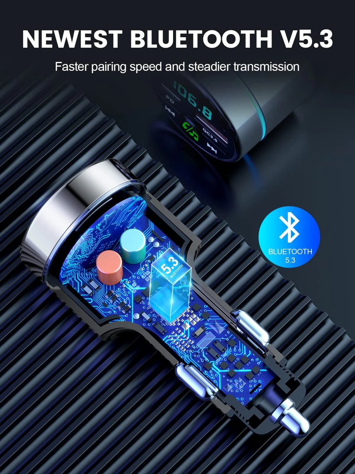 FM Transmitter for Car Bluetooth 5.3, All-Metal PD 20W & QC3.0 18W Fast Charger, Wireless FM Radio Car Kit Bluetooth Adapter, Noise Cancelling Hands-Free Call, Hi-Fi Music, Ring Light - Image 6