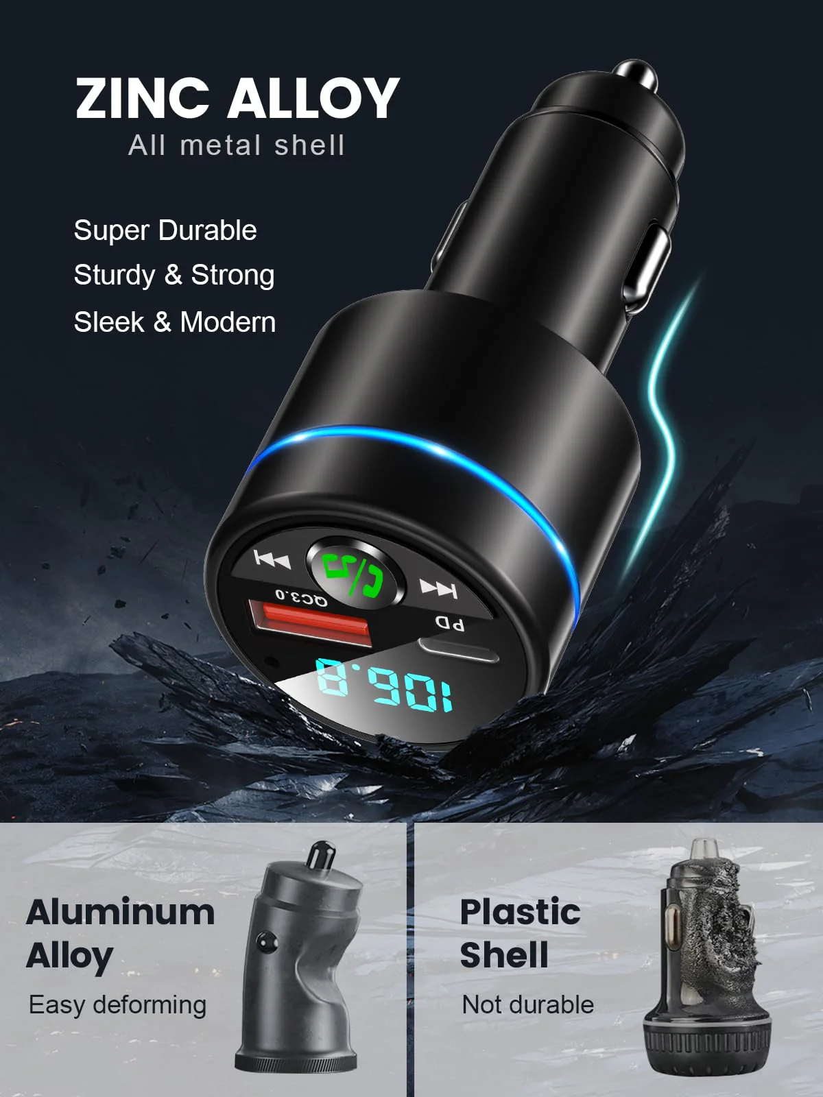 FM Transmitter for Car Bluetooth 5.3, [All-Metal] PD 30W & QC3.0 18W Fast Car Charger, Wireless FM Radio Car Kit Bluetooth Car Adapter, Noise Cancelling Hands-Free Call, Blue Light - Black - Image 2