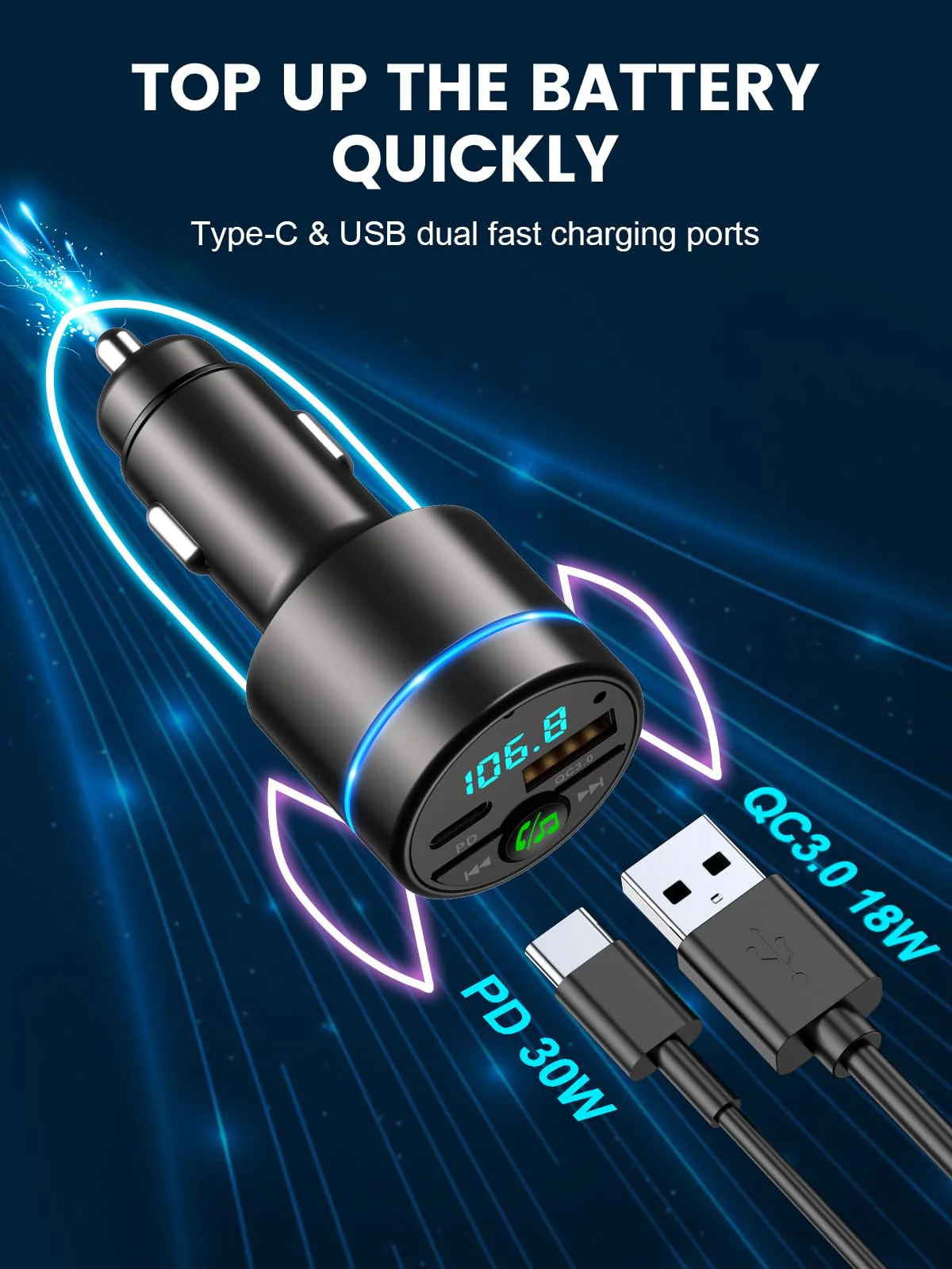FM Transmitter for Car Bluetooth 5.3, [All-Metal] PD 30W & QC3.0 18W Fast Car Charger, Wireless FM Radio Car Kit Bluetooth Car Adapter, Noise Cancelling Hands-Free Call, Blue Light - Black - Image 3