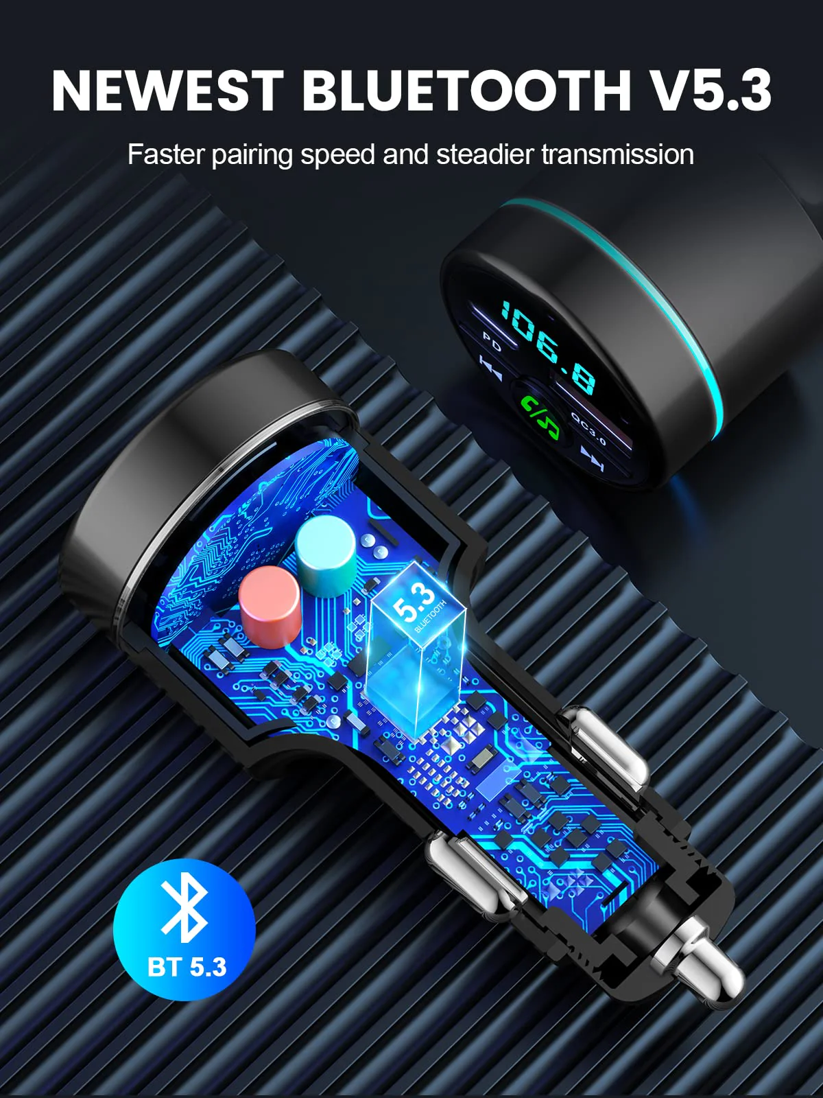 FM Transmitter for Car Bluetooth 5.3, [All-Metal] PD 30W & QC3.0 18W Fast Car Charger, Wireless FM Radio Car Kit Bluetooth Car Adapter, Noise Cancelling Hands-Free Call, Blue Light - Black - Image 5