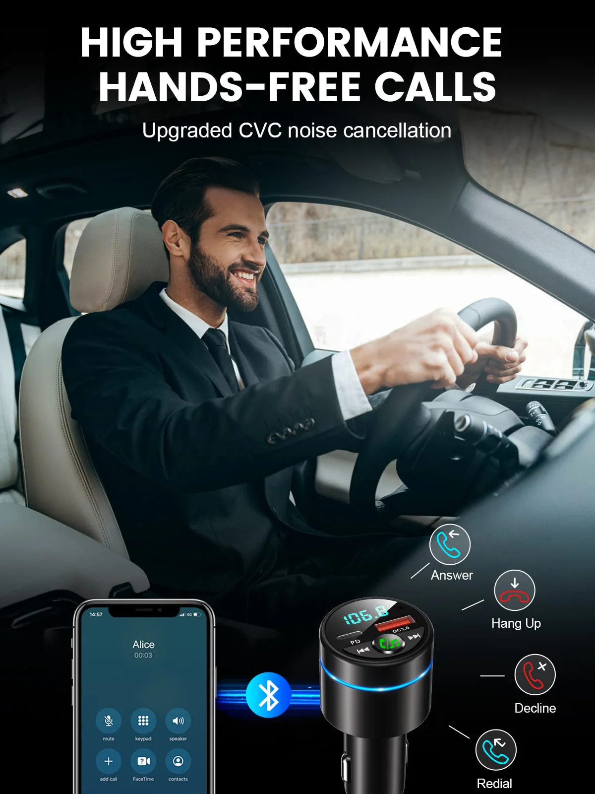 FM Transmitter for Car Bluetooth 5.3, [All-Metal] PD 30W & QC3.0 18W Fast Car Charger, Wireless FM Radio Car Kit Bluetooth Car Adapter, Noise Cancelling Hands-Free Call, Blue Light - Black - Image 6