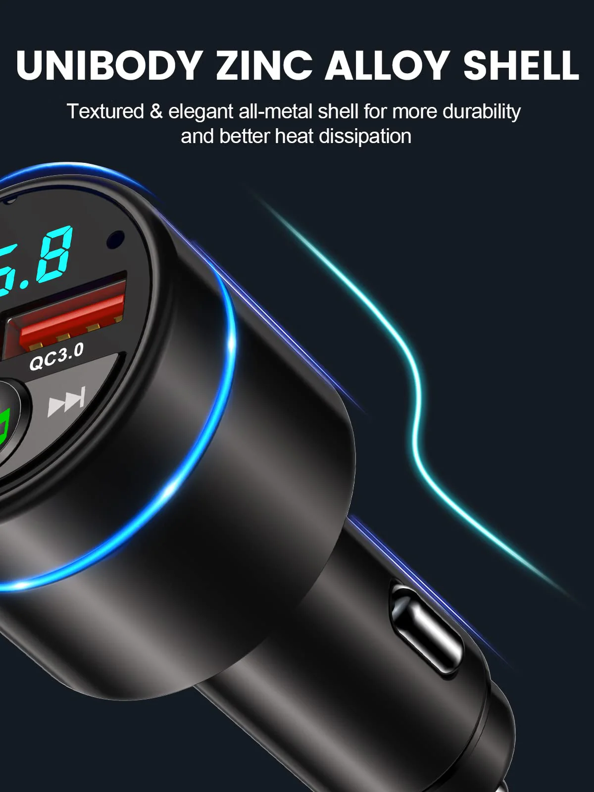 FM Transmitter for Car Bluetooth 5.3, [All-Metal] PD 30W & QC3.0 18W Fast Car Charger, Wireless FM Radio Car Kit Bluetooth Car Adapter, Noise Cancelling Hands-Free Call, Blue Light - Black - Image 8