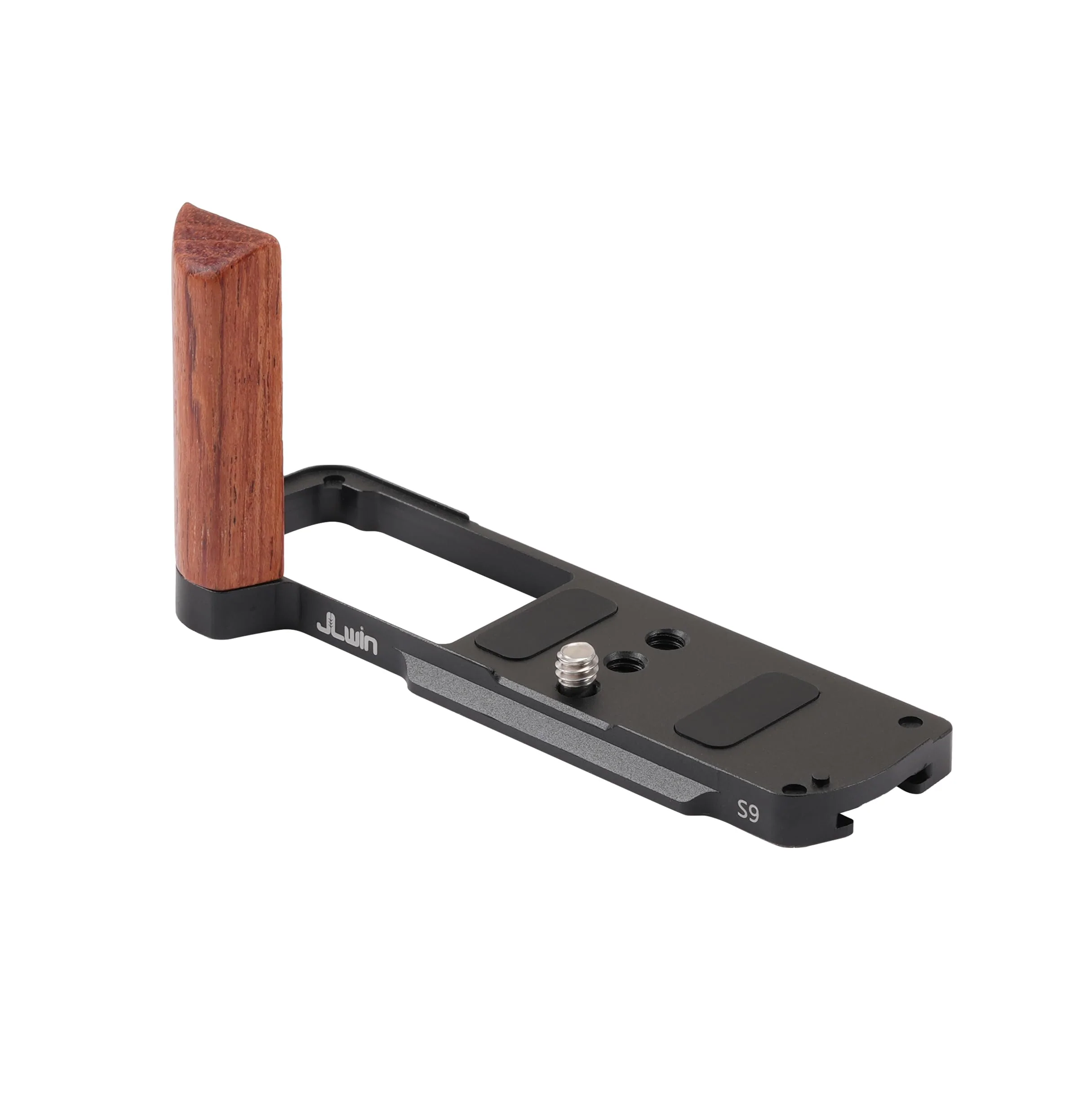 FocusFoto L-Shaped Wooden Handle Grip Quick Release Plate for Panasonic Lumix S9 Camera - Retro-Styled Handgrip, Arca Swiss Compatible Tripod Mount, Aluminum Alloy Baseplate (Black) Black Plate