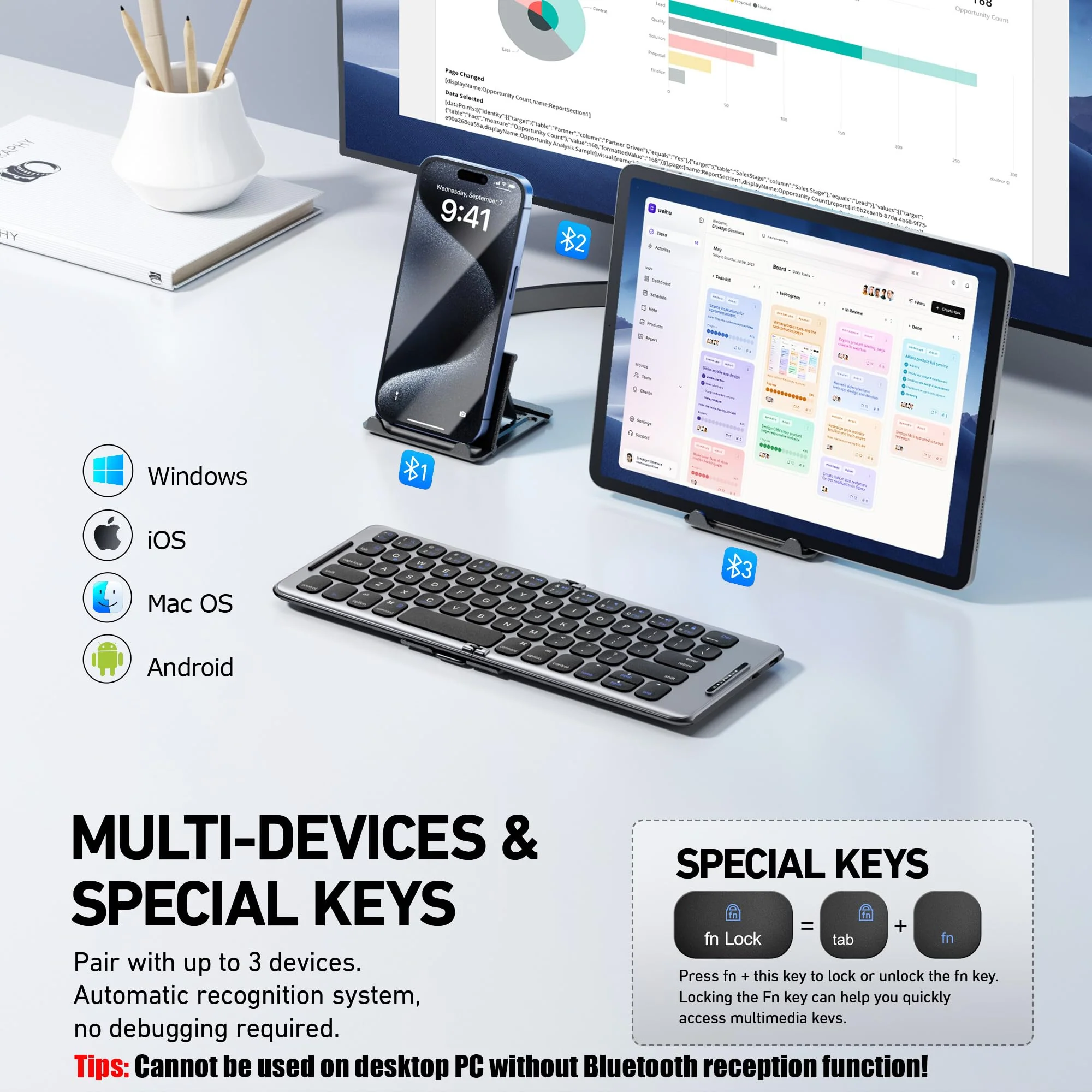 Foldable Bluetooth Keyboard with Stand Holder, Folding Keyboard Bluetooth Phone Keyboard, Rechargeable Ultra Slim Bluetooth Travel Keyboard for iOS, Android, Fit Phone Pad Tablet Laptop, B088 - Image 2