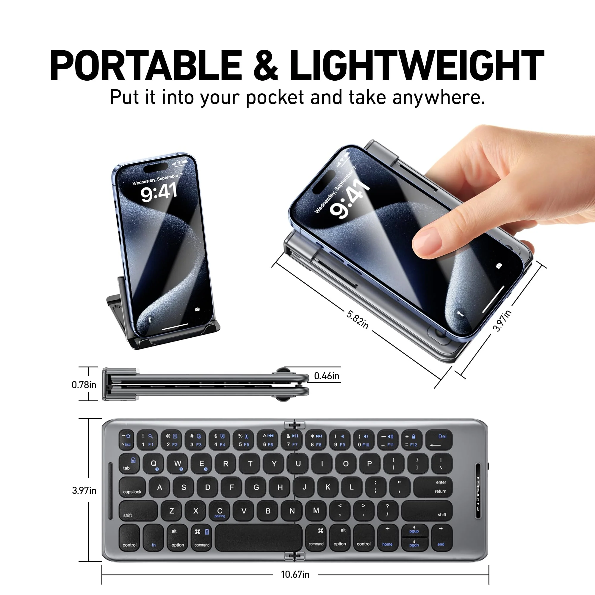 Foldable Bluetooth Keyboard with Stand Holder, Folding Keyboard Bluetooth Phone Keyboard, Rechargeable Ultra Slim Bluetooth Travel Keyboard for iOS, Android, Fit Phone Pad Tablet Laptop, B088 - Image 6