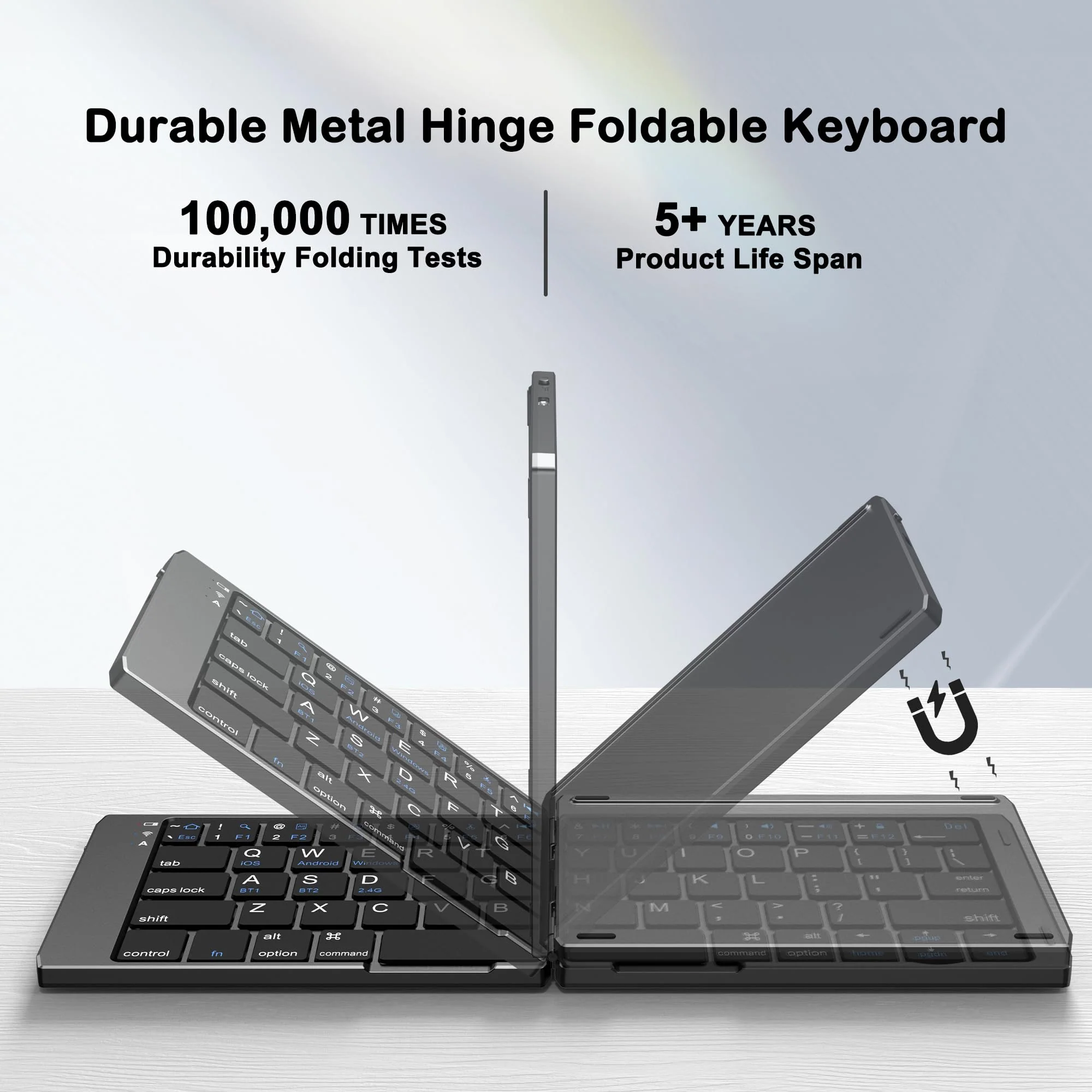 Foldable Keyboard and Mouse, EDJO Folding Wireless Keyboard Mouse Combo with Phone Holder, 2.4G Wireless and Bluetooth, USB-C Rechargeable Portable Keyboard Mouse for iOS Android Windows Mac OS - Image 2