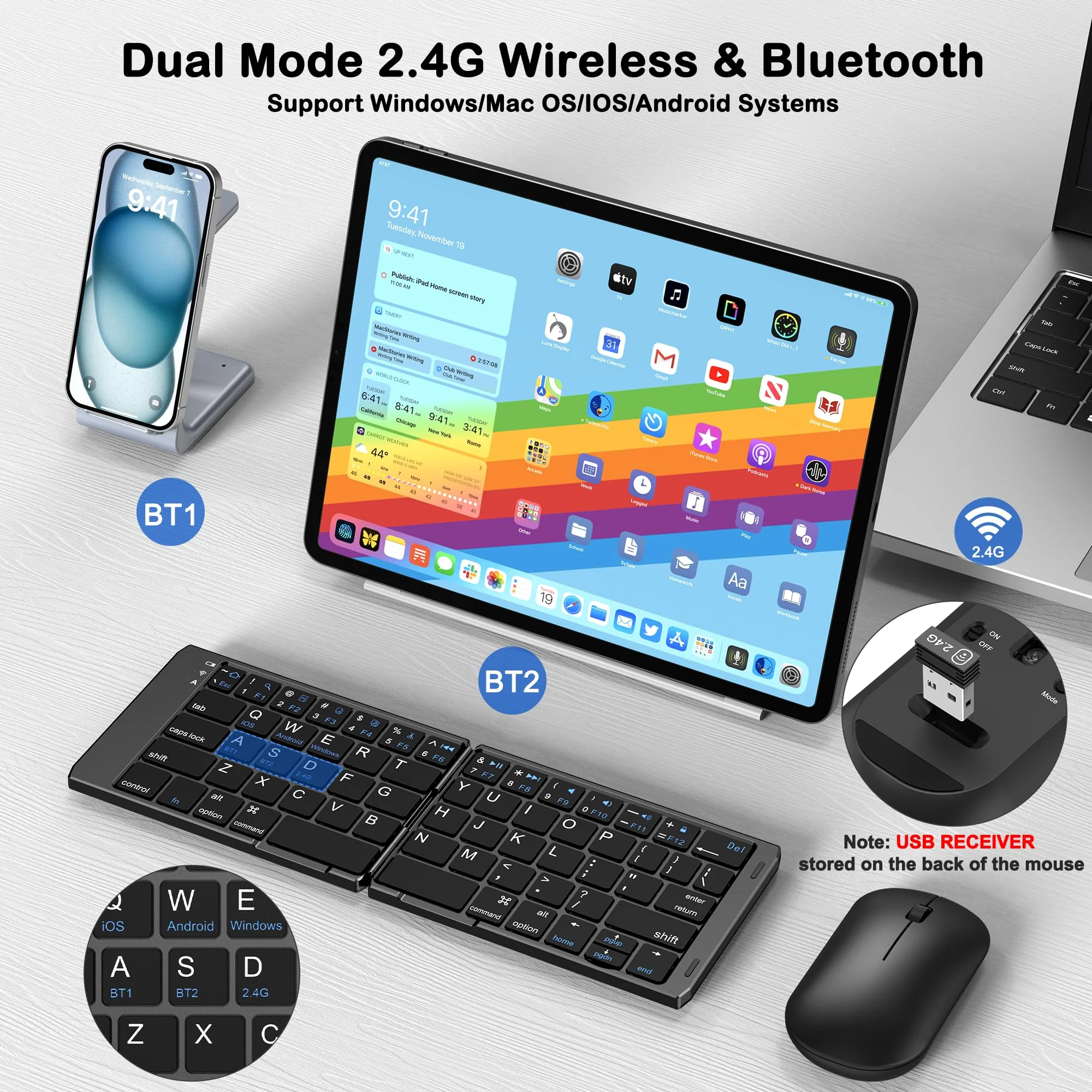 Foldable Keyboard and Mouse, EDJO Folding Wireless Keyboard Mouse Combo with Phone Holder, 2.4G Wireless and Bluetooth, USB-C Rechargeable Portable Keyboard Mouse for iOS Android Windows Mac OS - Image 3