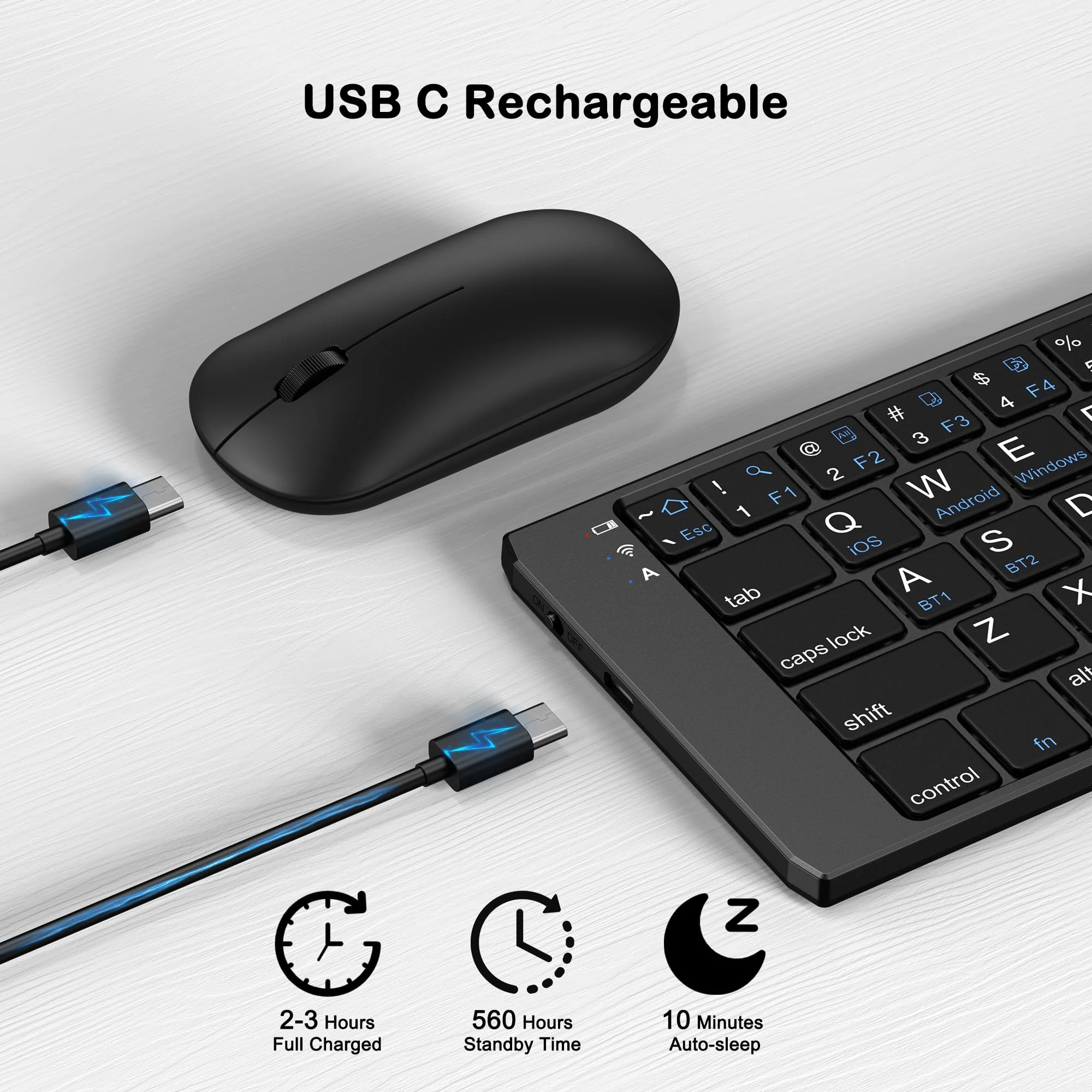 Foldable Keyboard and Mouse, EDJO Folding Wireless Keyboard Mouse Combo with Phone Holder, 2.4G Wireless and Bluetooth, USB-C Rechargeable Portable Keyboard Mouse for iOS Android Windows Mac OS - Image 4