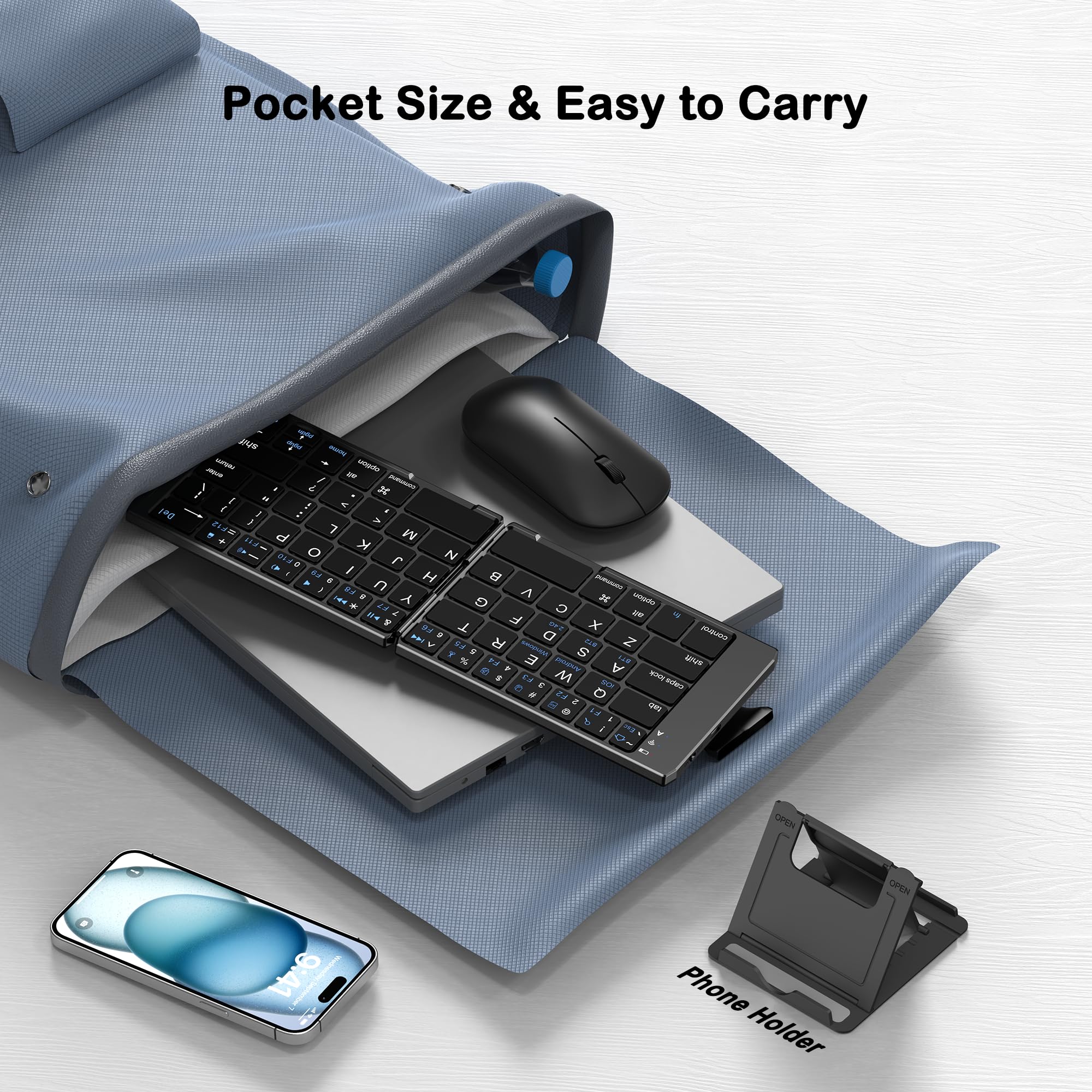 Foldable Keyboard and Mouse, EDJO Folding Wireless Keyboard Mouse Combo with Phone Holder, 2.4G Wireless and Bluetooth, USB-C Rechargeable Portable Keyboard Mouse for iOS Android Windows Mac OS - Image 6