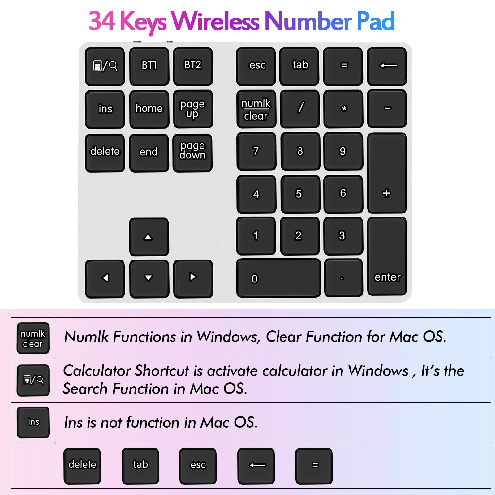 Foloda Bluetooth Number Pad for Laptop Wireless Number Keypad for Laptop, Rechargeable 10 Key USB Numeric Keypad Numpad for Laptop PC Notebook Silver Grey - Image 2