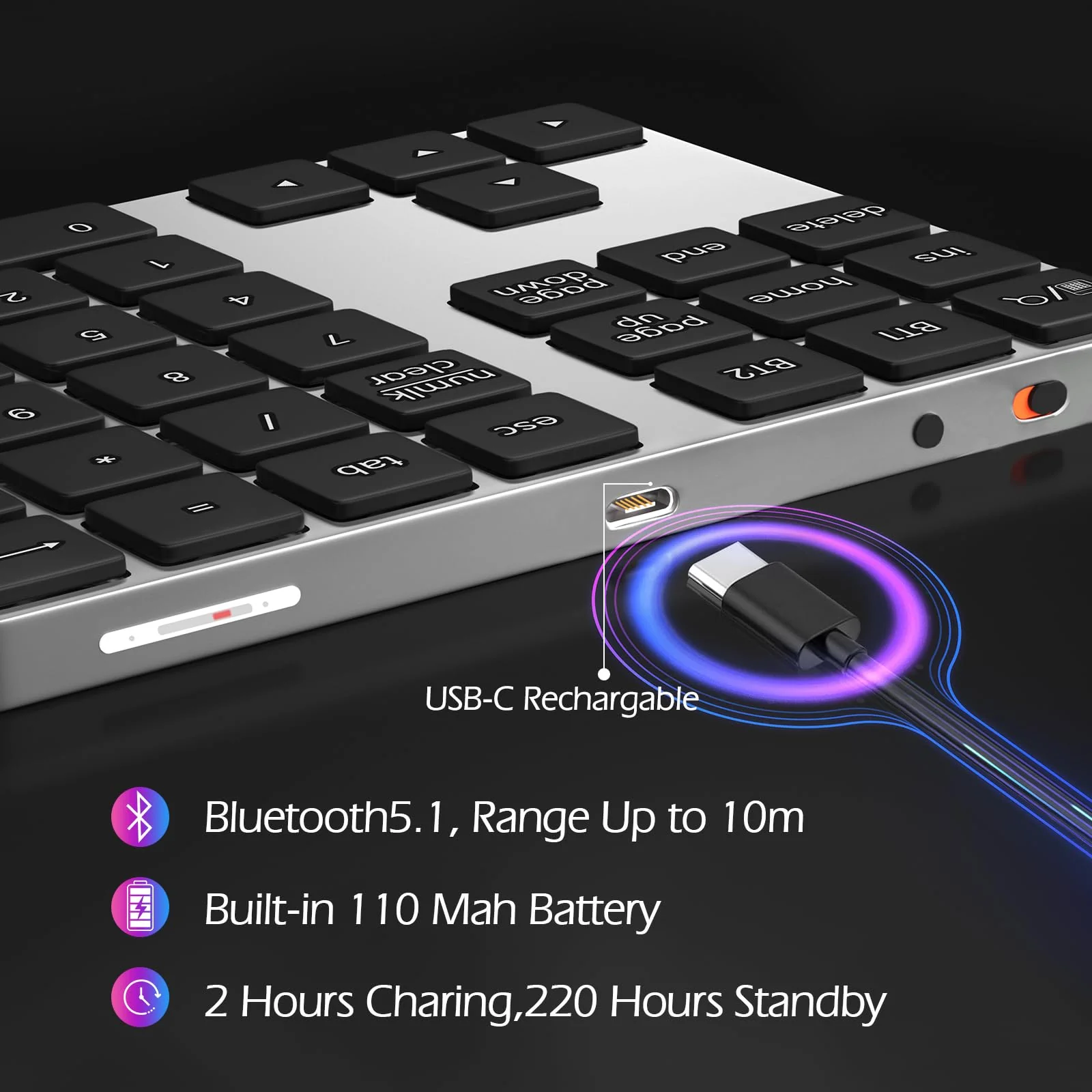 Foloda Bluetooth Number Pad for Laptop Wireless Number Keypad for Laptop, Rechargeable 10 Key USB Numeric Keypad Numpad for Laptop PC Notebook Silver Grey - Image 3