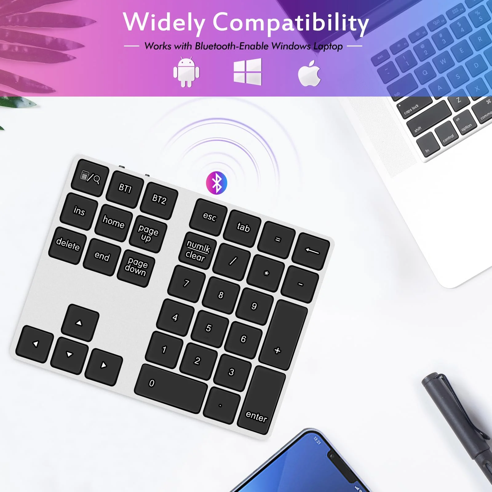 Foloda Bluetooth Number Pad for Laptop Wireless Number Keypad for Laptop, Rechargeable 10 Key USB Numeric Keypad Numpad for Laptop PC Notebook Silver Grey - Image 4
