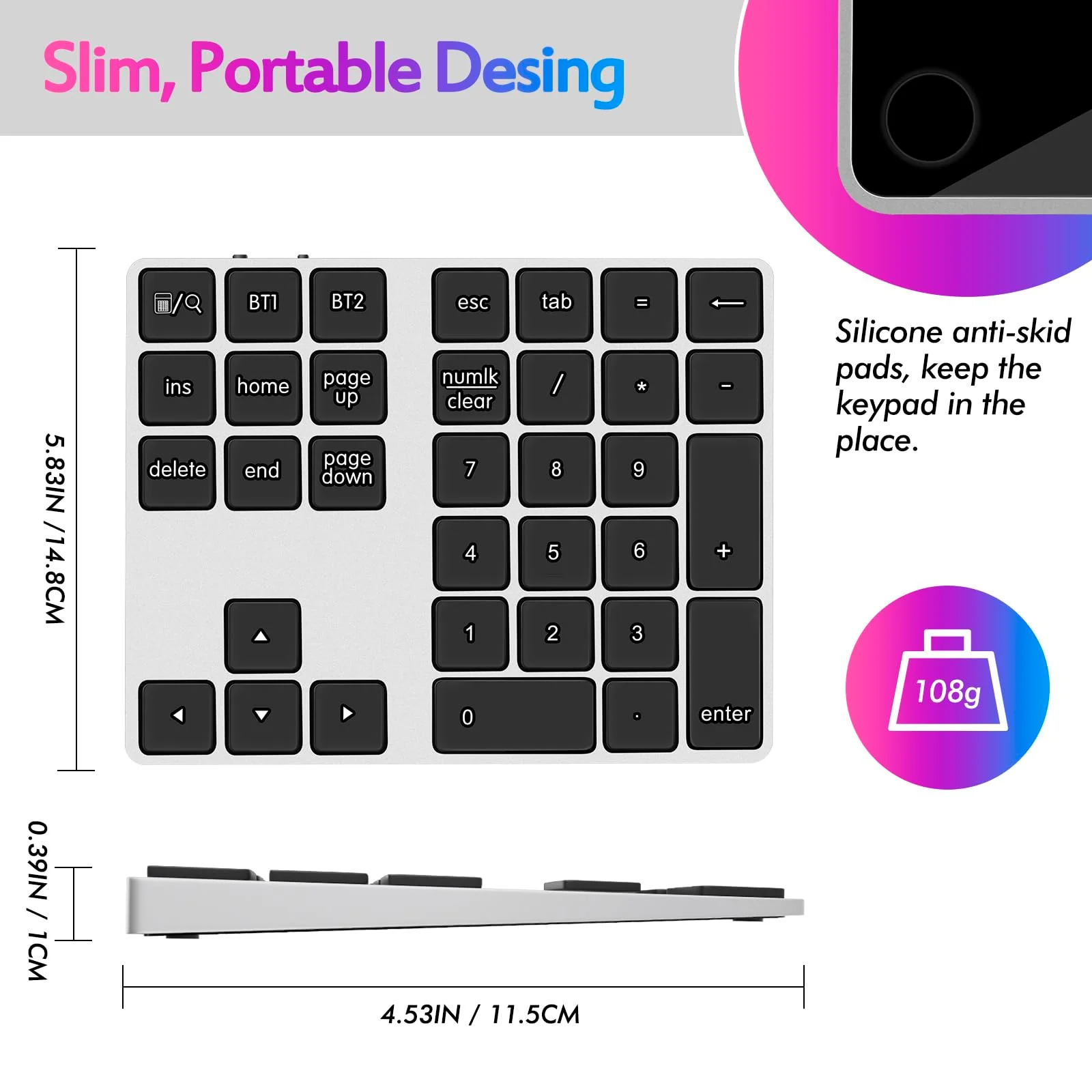Foloda Bluetooth Number Pad for Laptop Wireless Number Keypad for Laptop, Rechargeable 10 Key USB Numeric Keypad Numpad for Laptop PC Notebook Silver Grey - Image 5