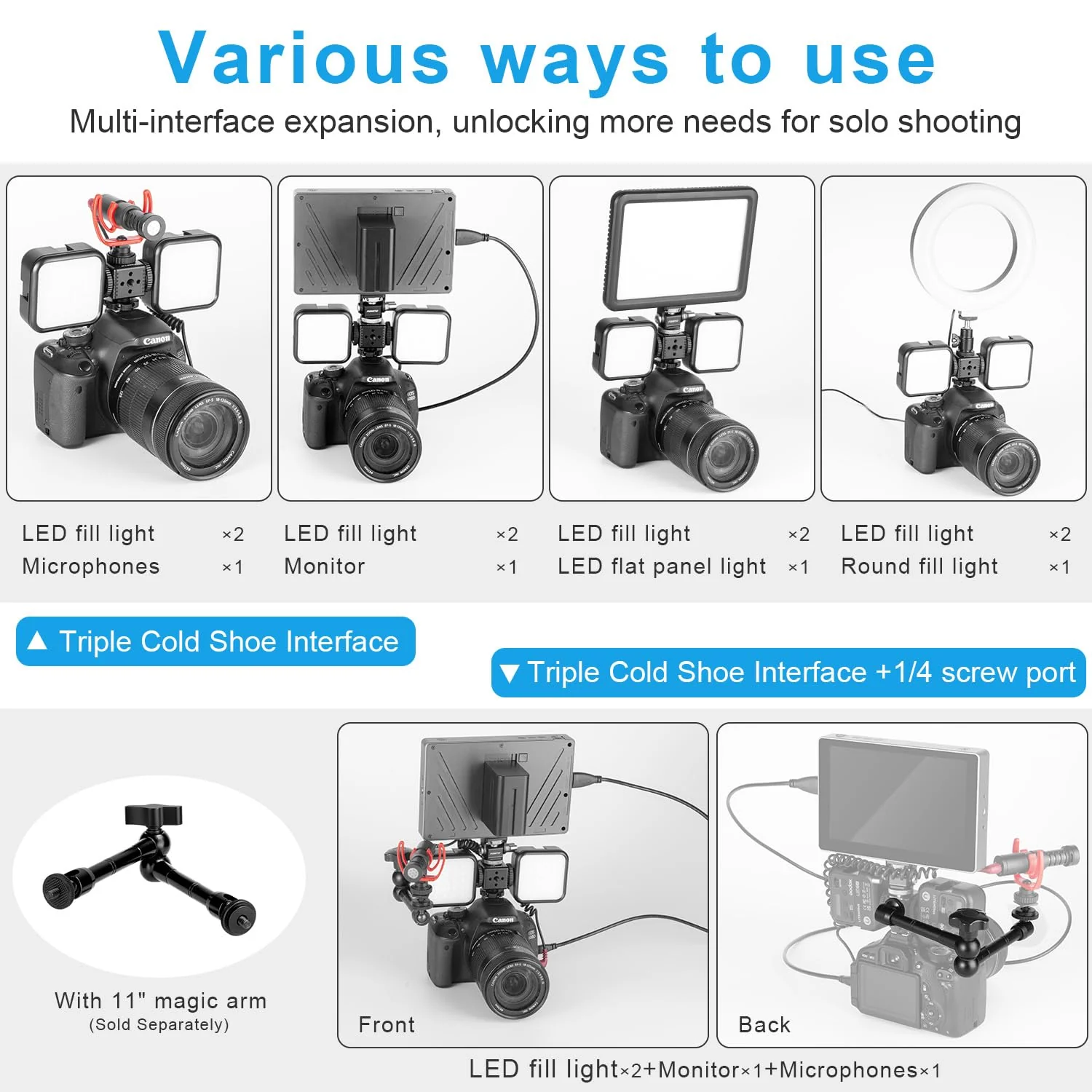 FOMITO 3 Port Cold Shoe Mount with 1/4"-20 Thread for Camea Cage Tripod Grip Flash LED Monitor Microphone - Image 4