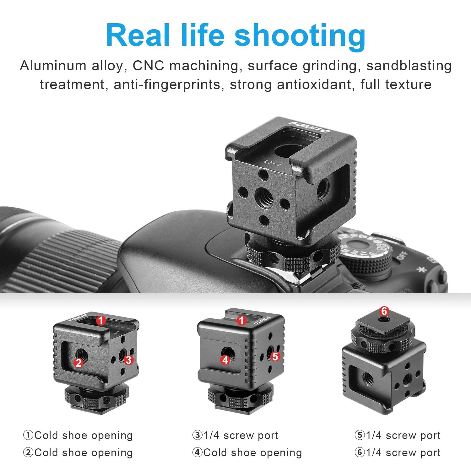 FOMITO 3 Port Cold Shoe Mount with 1/4"-20 Thread for Camea Cage Tripod Grip Flash LED Monitor Microphone - Image 5