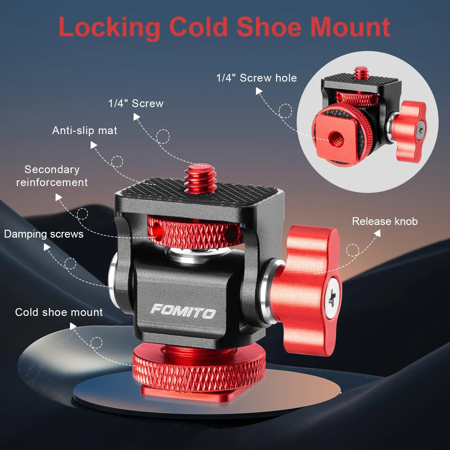 FOMITO Metal Camera Monitor Mount with 1/4" Serew and Cold Shoe, Rotary Adapter 360° Swivel Universal for Flash Speedlite, Field Monitor, LED Video Light, Microphone,etc - Red Color Single mount - Image 2