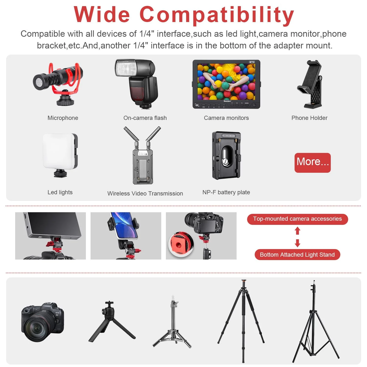 FOMITO Metal Camera Monitor Mount with 1/4" Serew and Cold Shoe, Rotary Adapter 360° Swivel Universal for Flash Speedlite, Field Monitor, LED Video Light, Microphone,etc - Red Color Single mount - Image 3