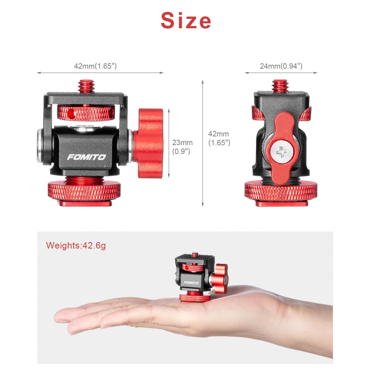FOMITO Metal Camera Monitor Mount with 1/4" Serew and Cold Shoe, Rotary Adapter 360° Swivel Universal for Flash Speedlite, Field Monitor, LED Video Light, Microphone,etc - Red Color Single mount - Image 6
