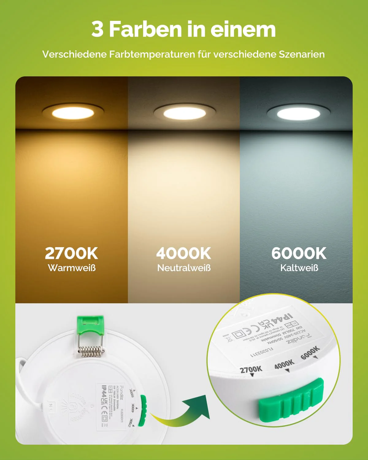 Fondiiz Set of 12 LED Recessed Spotlights, 230 V, Dimmable, 6 W, 700 lm, LED Spotlights, Warm White, 2700 K, Neutral White, 4000 K, Cool White, 6000 K, IP44 Ceiling Spotlights, LED 98 mm for Bathroom - Image 2
