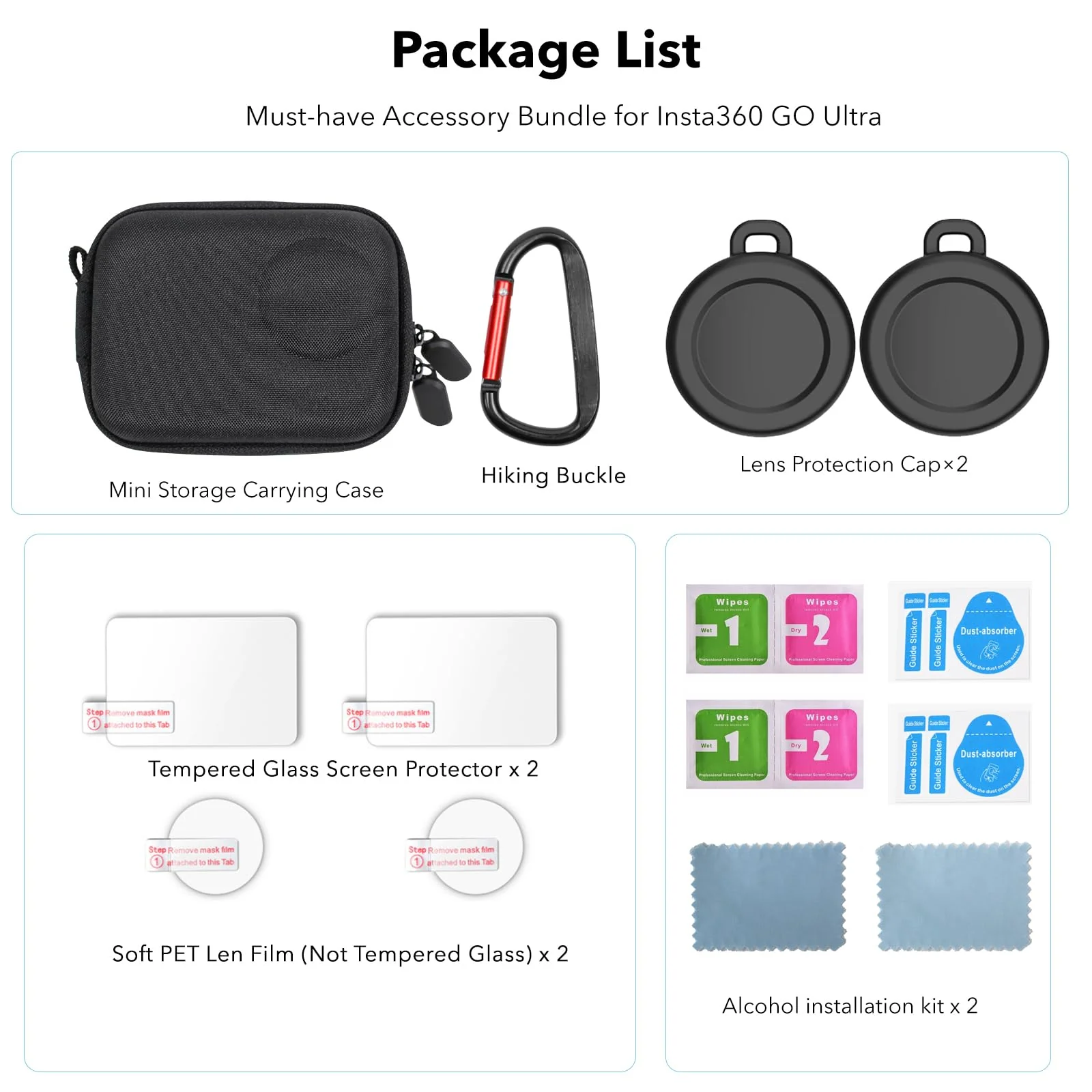 for Insta360 Go Ultra Accessories, Portable Mini Carrying Case Bag, Lens Screen Protectors (4 Pack) and Rubber Lens Cap Cover for Insta 360 Go Ultra Accessories - Image 9
