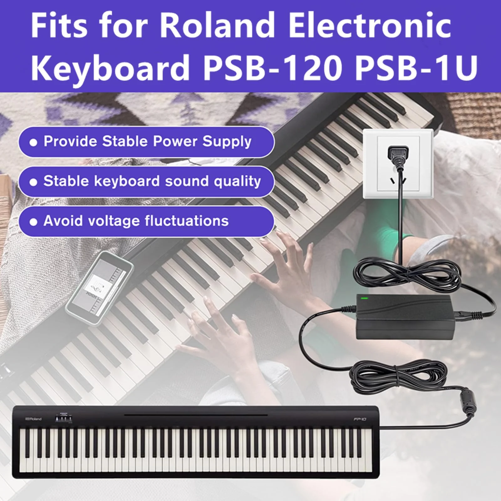for Roland PSB-120 Electronic Keyboard 9V2A Power Supply Adapter, Compatible with Roland PSB-120, PSB-1U, ACB-120, ACF-120, ACK-120, ACI-120 Electronic Keyboard 9V Power Adapter Replace Part - Image 2