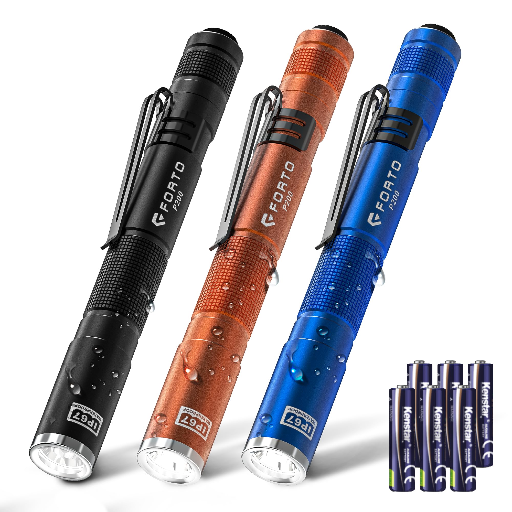 FORTO LED Pen Light, 200 Lumens Pocket Flashlight, IP67 Waterproof, 2 Modes, 2 Pack with AAA Batteries, Lightweight & Durable for Inspection, Medical Use, Emergency(3-Pack Mix) MIX 3 PACK