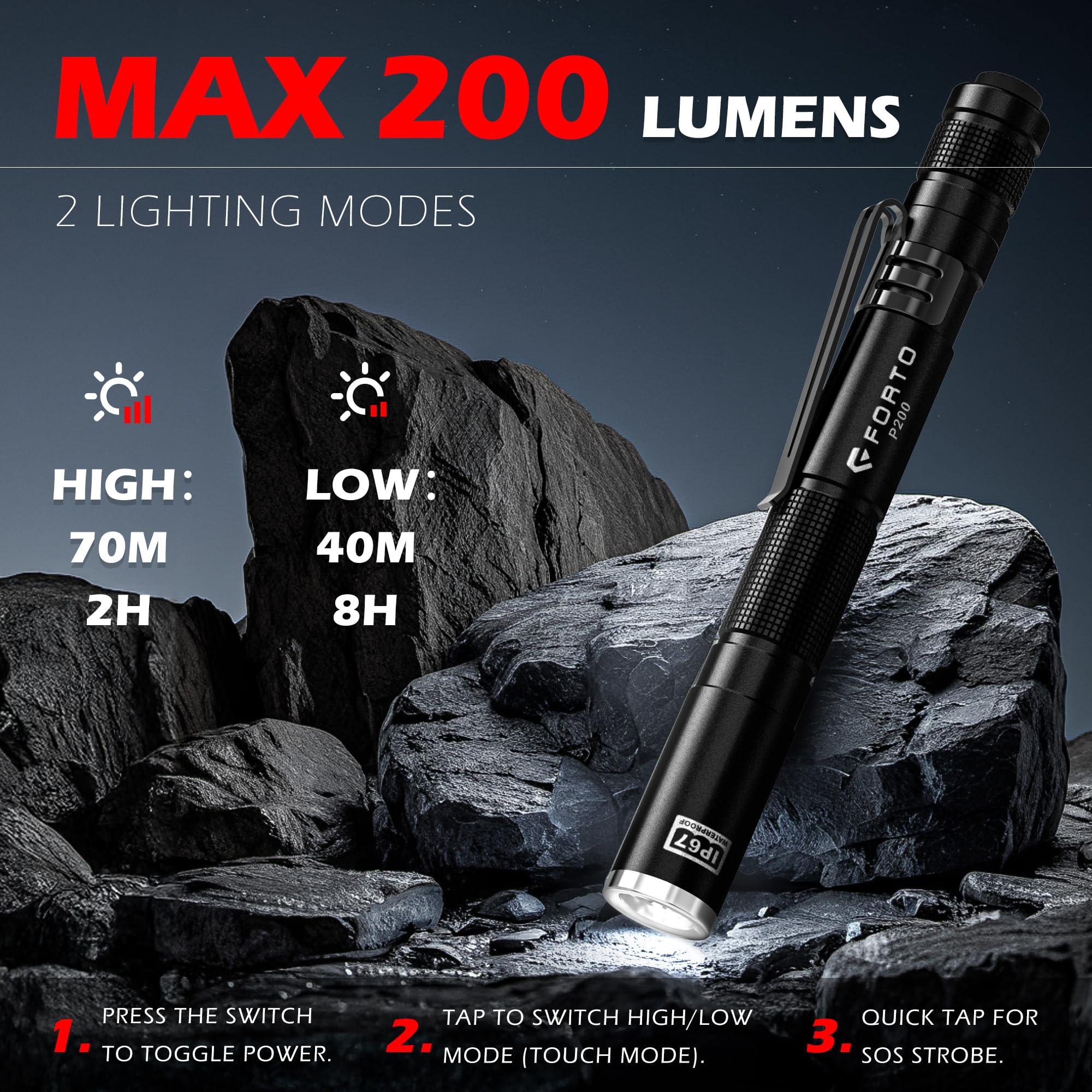 FORTO LED Pen Light, 200 Lumens Pocket Flashlight, IP67 Waterproof, 2 Modes, 2 Pack with AAA Batteries, Lightweight & Durable for Inspection, Medical Use, Emergency(3-Pack Mix) MIX 3 PACK - Image 3