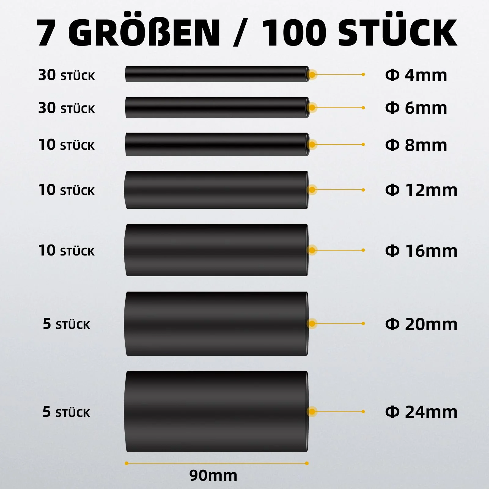 Fosdaling Heat Shrink Tube Set, 90 mm Extra Long 4:1 Heat Shrink Tubing, Waterproof with Adhesive, Heat Shrink Tube Assortment (7 Sizes, Black) - Image 3