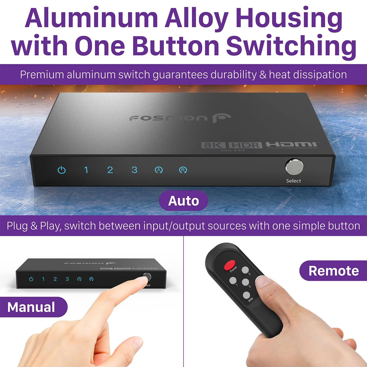 Fosmon 3-Port HDMI 8K Switch with Remote, Support 8K@60Hz 4K@120Hz HDR10+ HDCP 2.3 High Speed 48Gbps 3 in 1 Out Auto-Switching 3x1 HDMI 2.1 Switcher Splitter Hub Compatible with PS5, Xbox X, Apple TV - Image 6