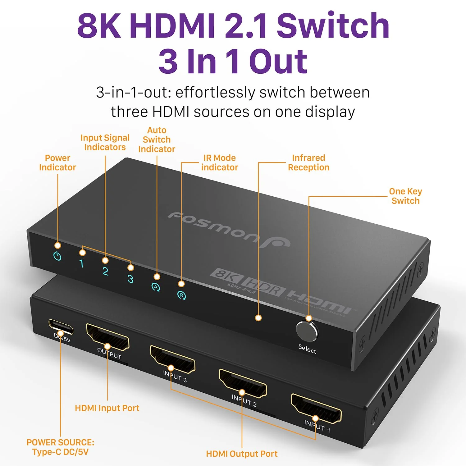 Fosmon 3-Port HDMI 8K Switch with Remote, Support 8K@60Hz 4K@120Hz HDR10+ HDCP 2.3 High Speed 48Gbps 3 in 1 Out Auto-Switching 3x1 HDMI 2.1 Switcher Splitter Hub Compatible with PS5, Xbox X, Apple TV - Image 7