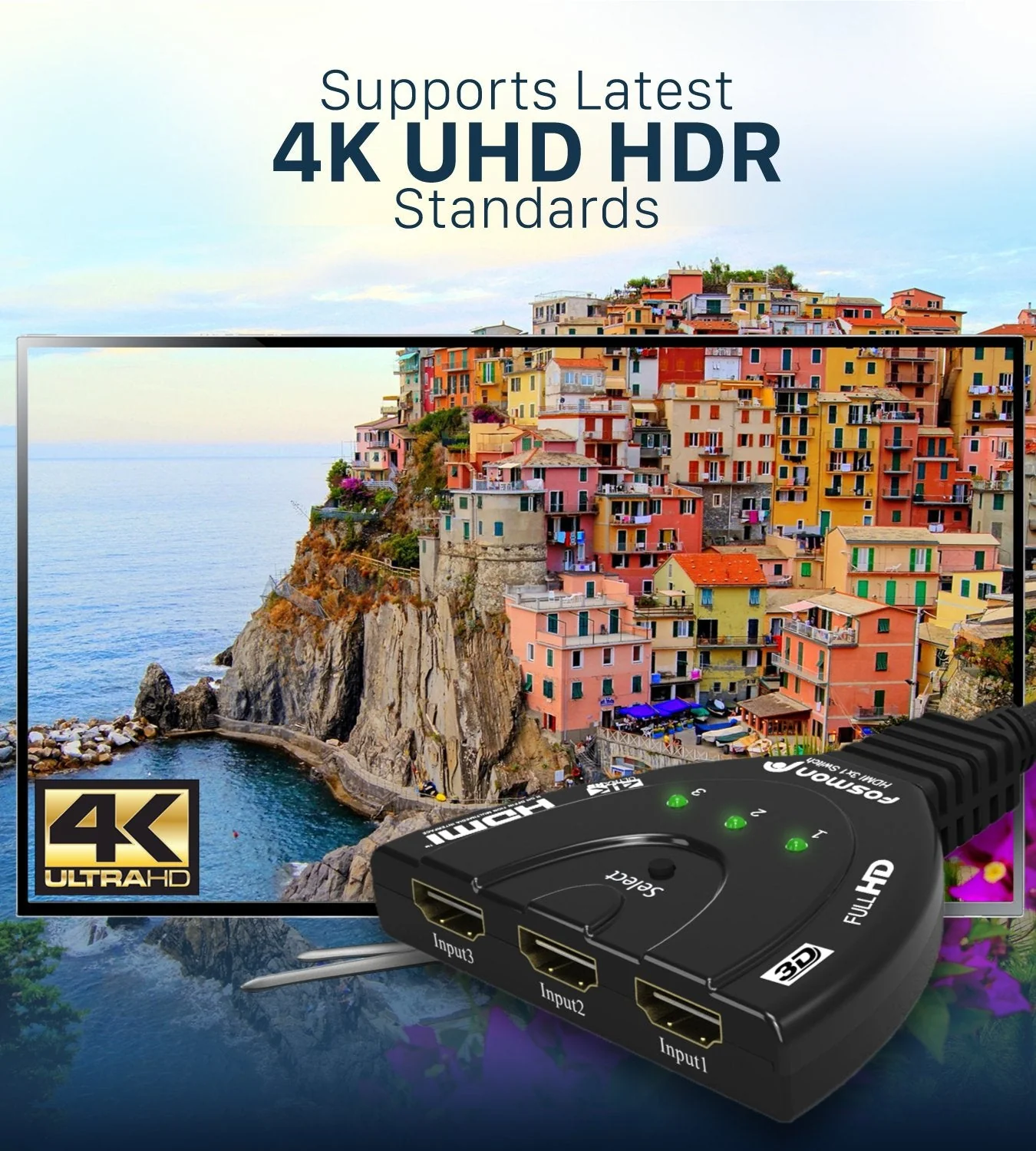 Fosmon 4K HDMI Switch 3 in 1 out 4K@30Hz, 3-Port HDMI Splitter Hub Switcher Auto Switching UHD 3D HDR HD 1080P HDCP, for HDTV, PS5/4, Xbox, Fire Stick 3-Port / 4K@30Hz - Image 2