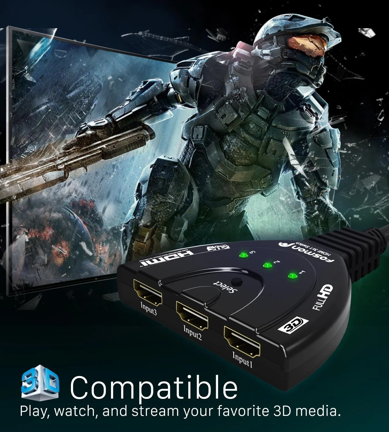 Fosmon 4K HDMI Switch 3 in 1 out 4K@30Hz, 3-Port HDMI Splitter Hub Switcher Auto Switching UHD 3D HDR HD 1080P HDCP, for HDTV, PS5/4, Xbox, Fire Stick 3-Port / 4K@30Hz - Image 3
